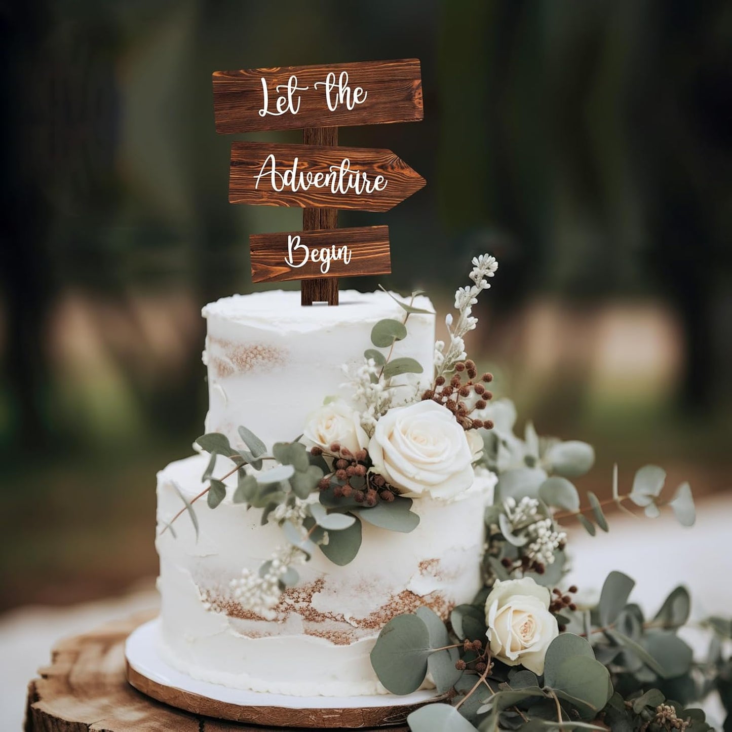 Let the Adventure Begin Cake Topper in Wood Rustic Cake Decoration for Wedding & Baby Shower
