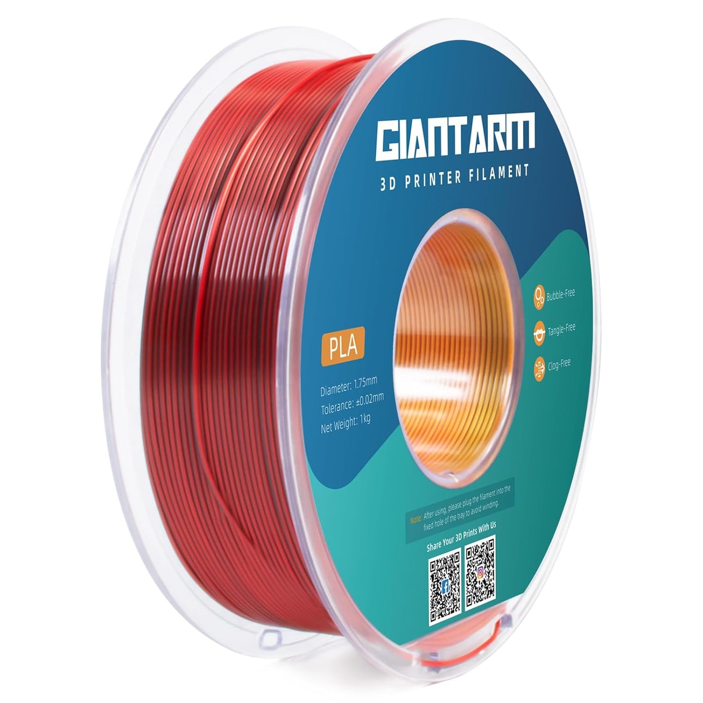 GIANTARM Tri-Colors Silk Pla Filament, Shiny Pla 3D Printer Filament 1.75mm +/-0.03mm, 1Kg (2.2lbs) Spool, Vacuum Packaging (Red+Gold+Black)