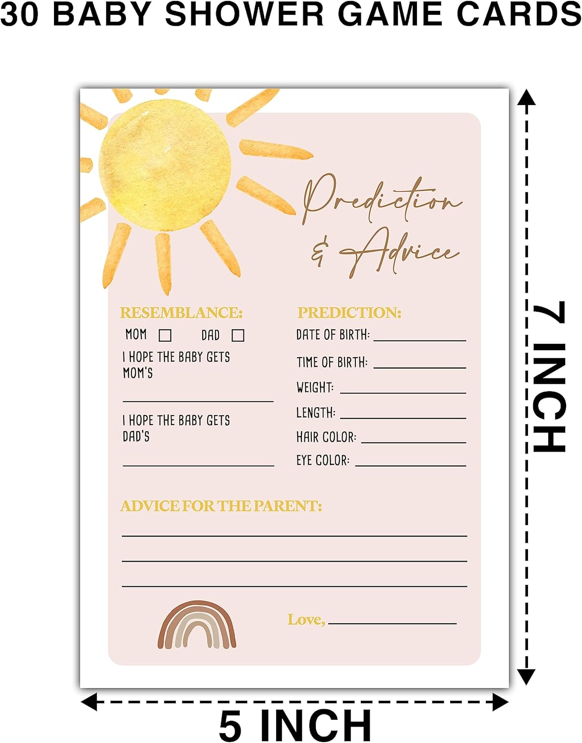 Boho Sunshine 30 Baby Predictions and Advice Cards, Gender Reveal Party Supplies Favors (5"x7") - D02