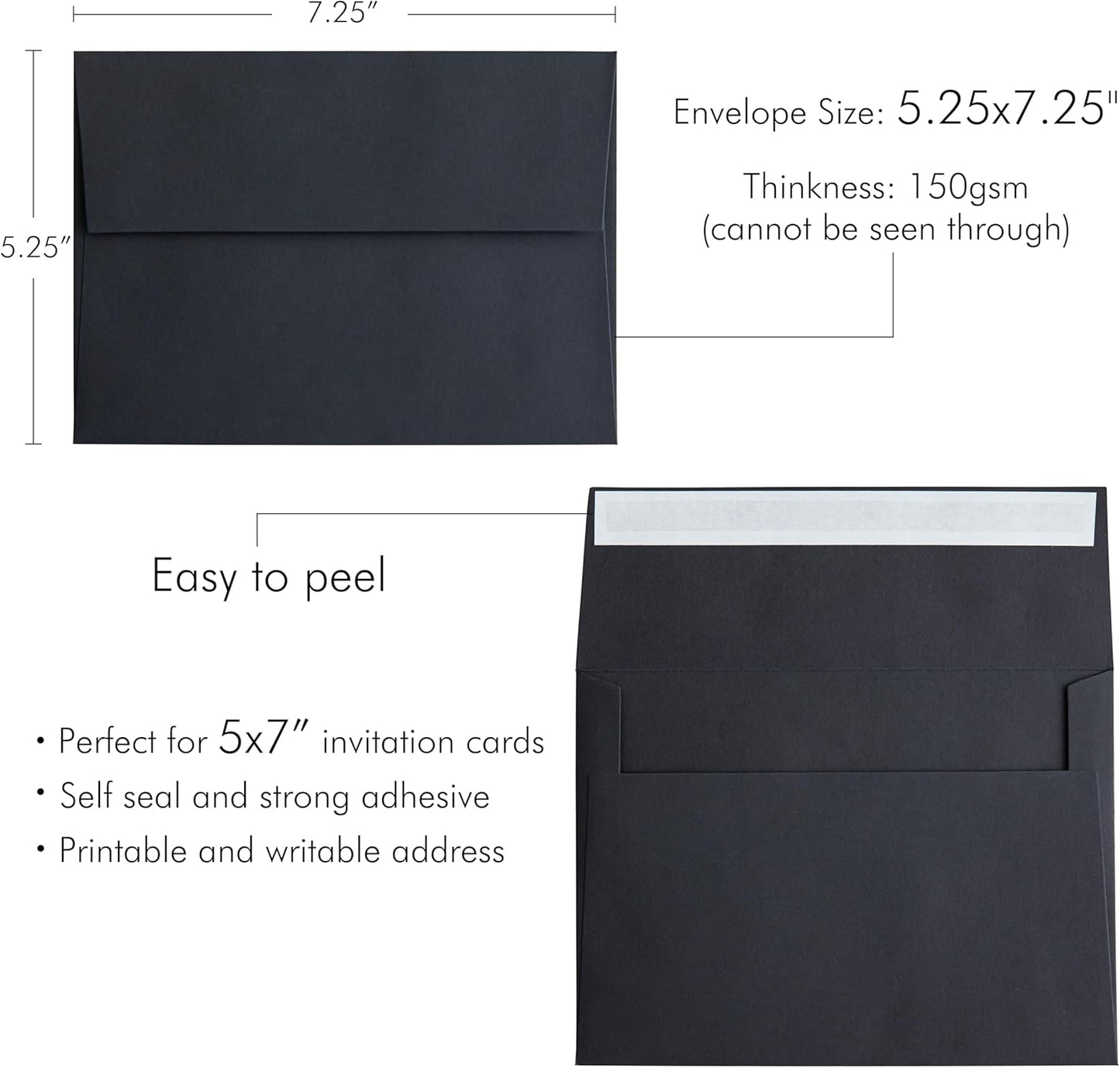 PONATIA 50 Pieces 5x7 Envelopes, A7 Envelopes Self Seal for Weddings, Invitation Cards, Photos, Postcards, Greeting Cards Mailing, Baby Shower, Graduation, Christmas Gift Cards (Black)