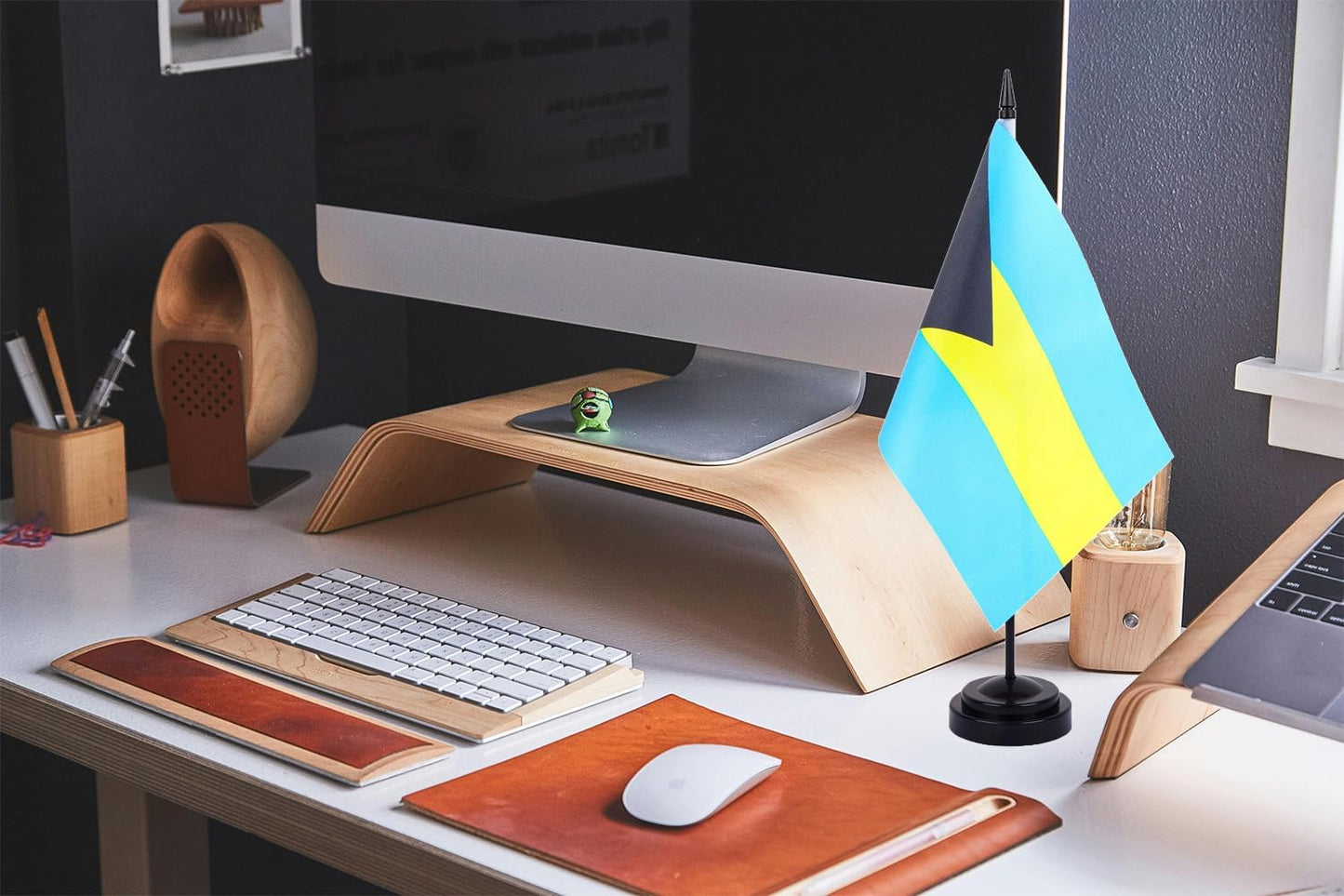 WXTWK 2 Pack Bahamas Flag Bahamas Deluxe Desk Flag Set - Mini Small Bahamian Table Office Flags with Black 12" Solid Pole Stand Base Classroom Meeting Desktop Decorations