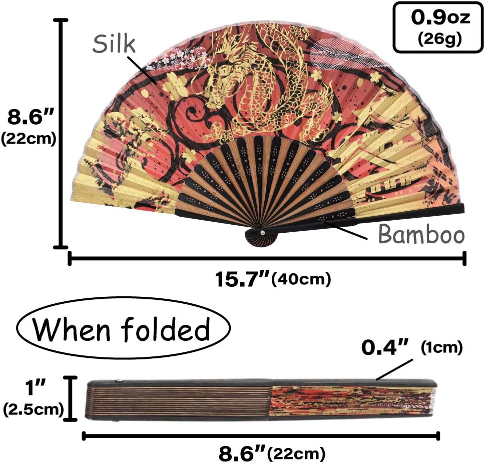 Terra Distribution Folding Fan [Japan Import] Hand Fans for Women Foldable, Japanese Fan, Unique Design, Handmade Bamboo, Silk Fan, 8.6" (22cm), Abanicos de Mano (740 (Phoenix, Dragon))
