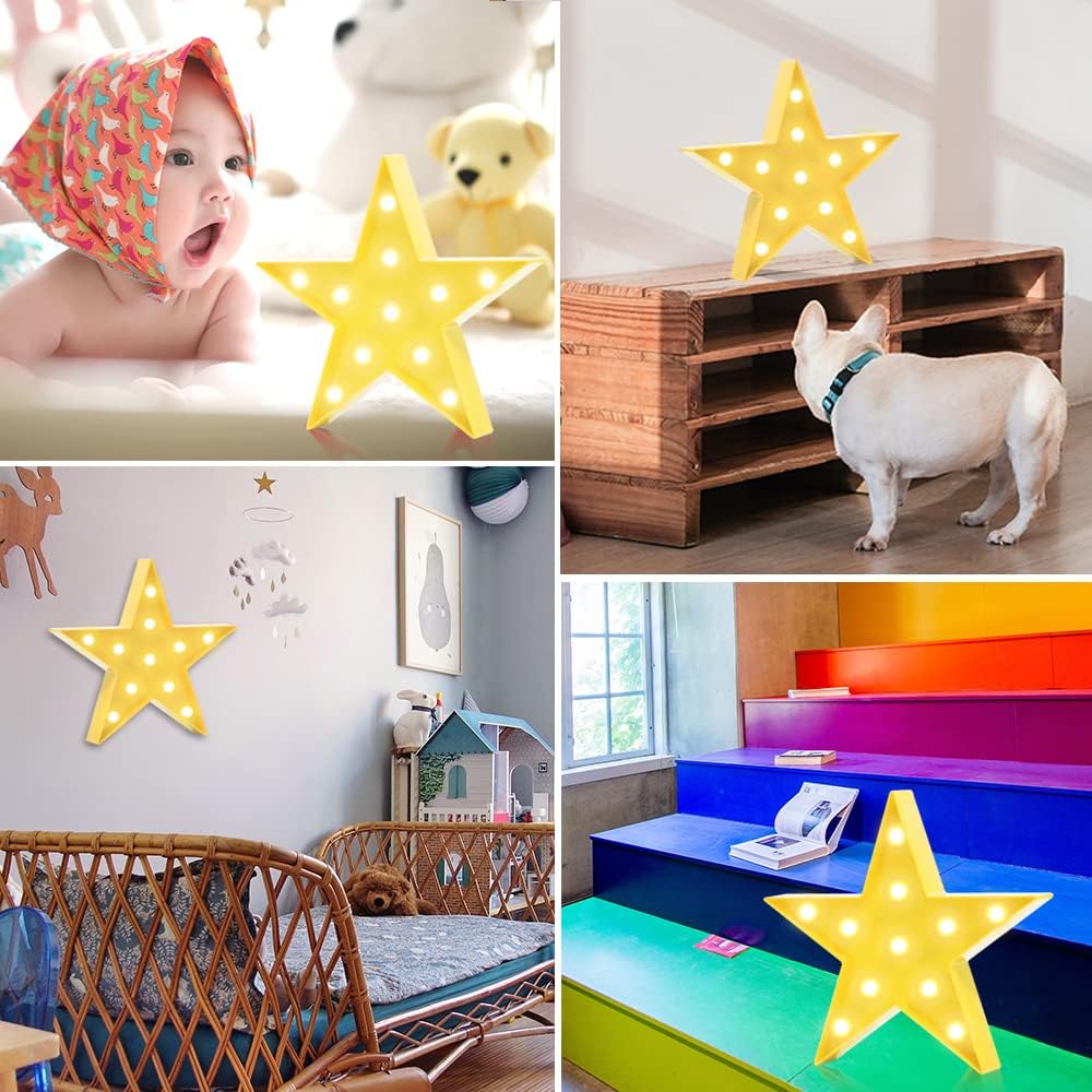 LED Marquee Star Sign Night Light, Battery Operated Star Shape Desk Table Lamp for Kids, Baby, Child, Girl Gift, Nursery Room, Wall Decor - Yellow