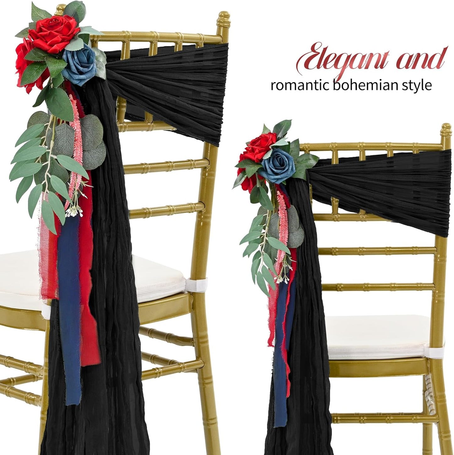 50 PCS Cheesecloth Chair Sashes Bows Wedding Aisle Decorations Chair Ribbon Ties Back Sash for Wedding Party Events Banquet Chair Cover Decoration (Black)