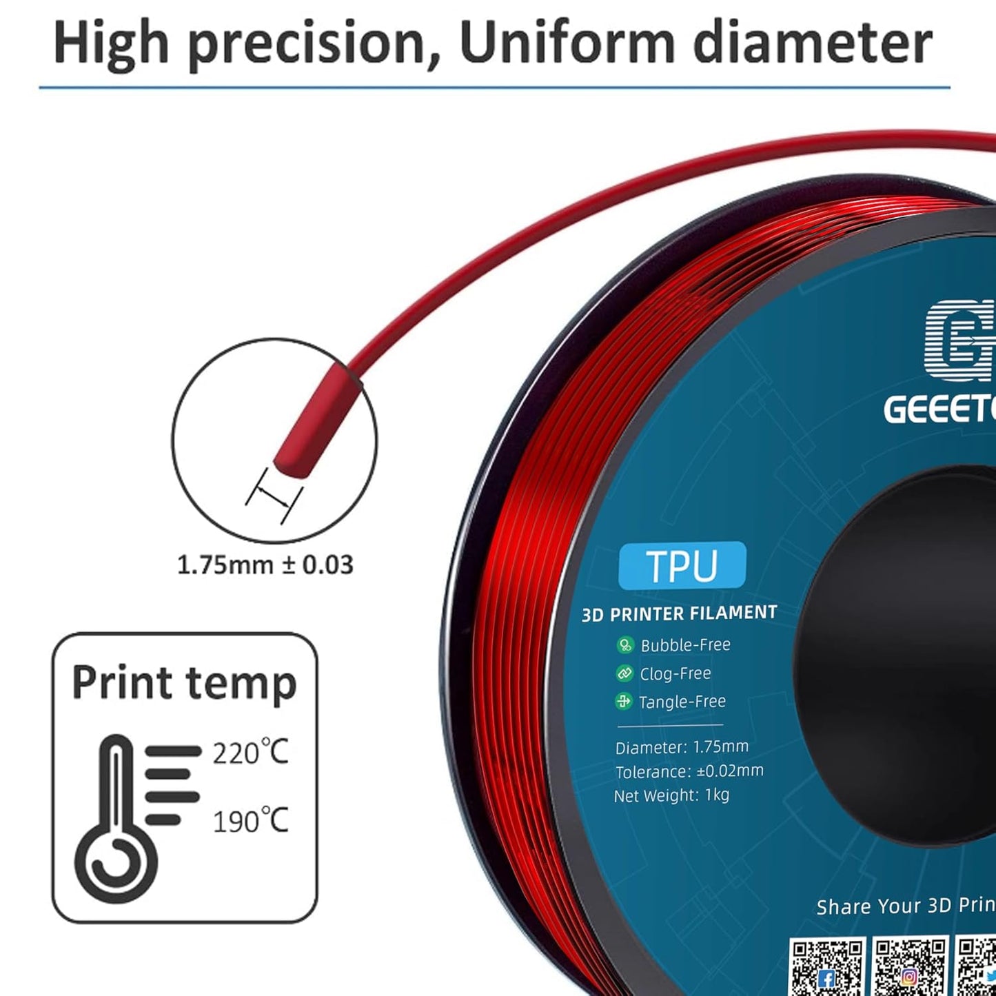 Geeetech TPU Filament 1.75mm, 1KG (2.2lbs) Spool – 95A Flexible 3D Printer Filament with High Elasticity, Dimensional Accuracy ±0.03mm, Fits Most FDM Printers, Clear Red