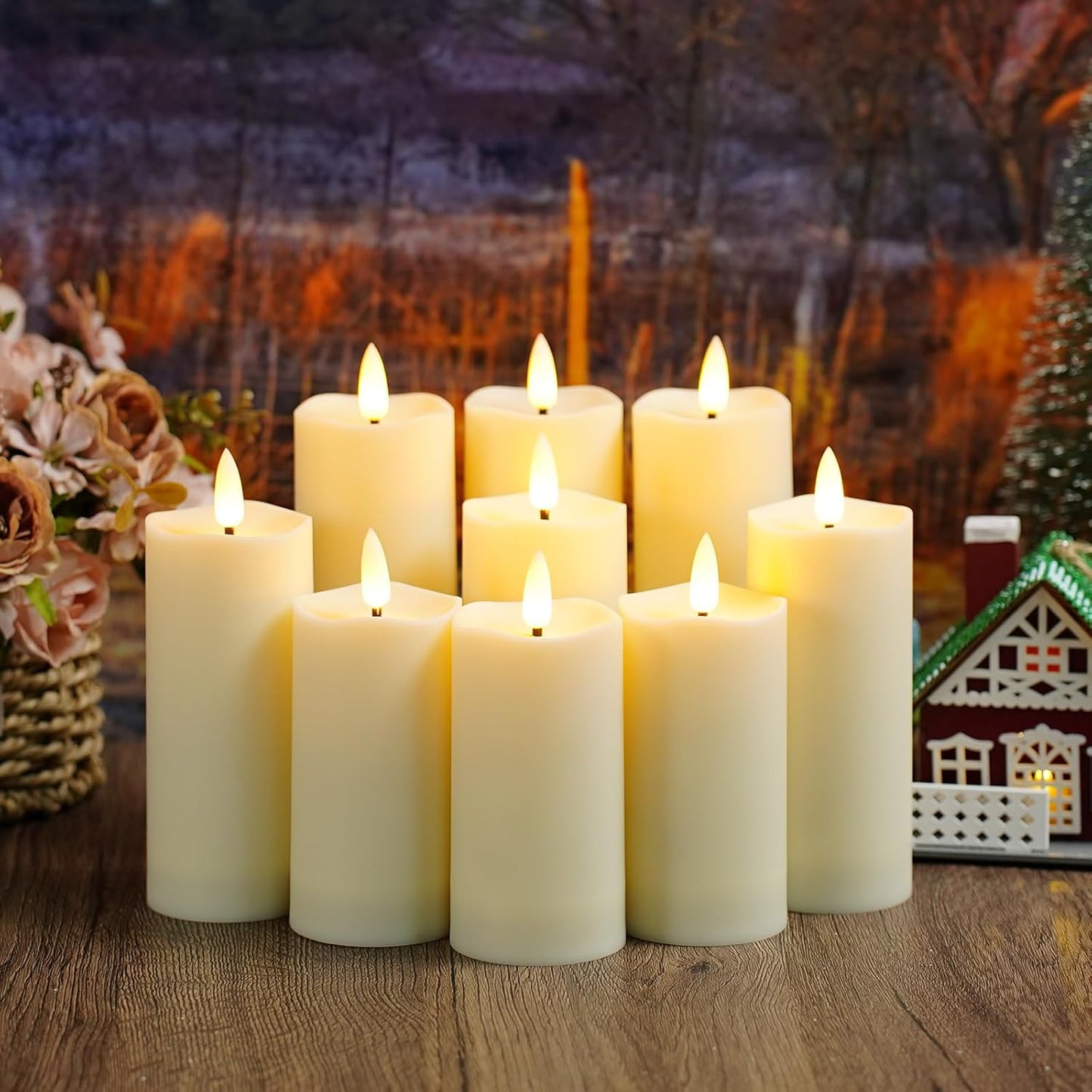 Plastic Waterproof Outdoor flameless Candles, LED Candles, with Remote Control and Timer, Battery-Powered Candles, Suitable for Camping, courtyards and Home Decoration,Set of 9（Ivory）