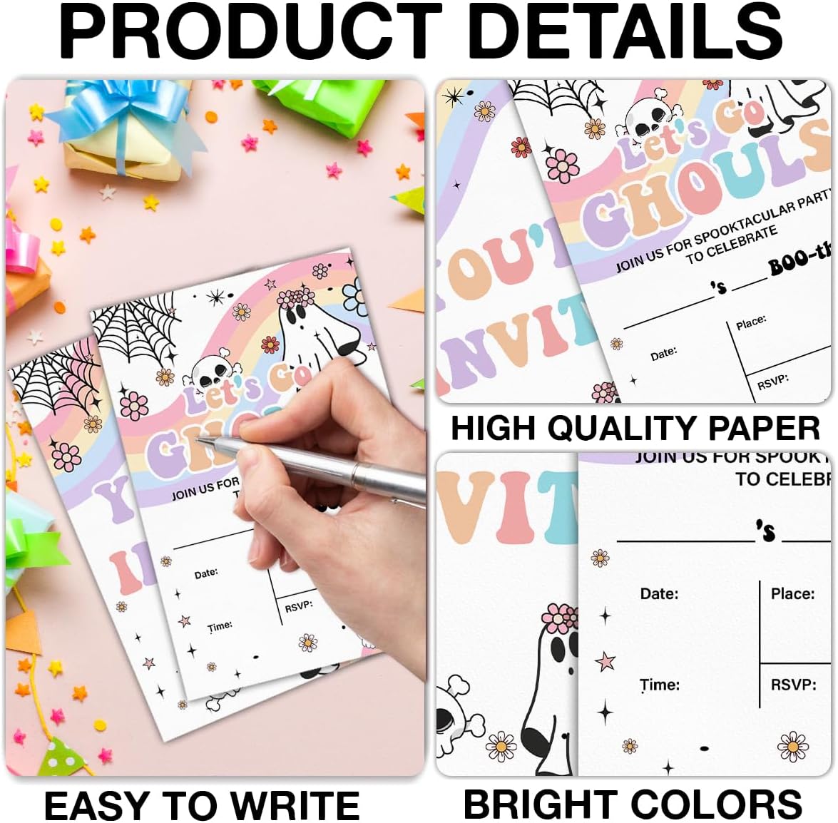 Halloween Birthday Invitations Groovy Rainbow Ghost Halloween Birthday Party Fill in Invites Cards With Envelopes (20 Count) Double Sided Design, Let's Go Ghouls