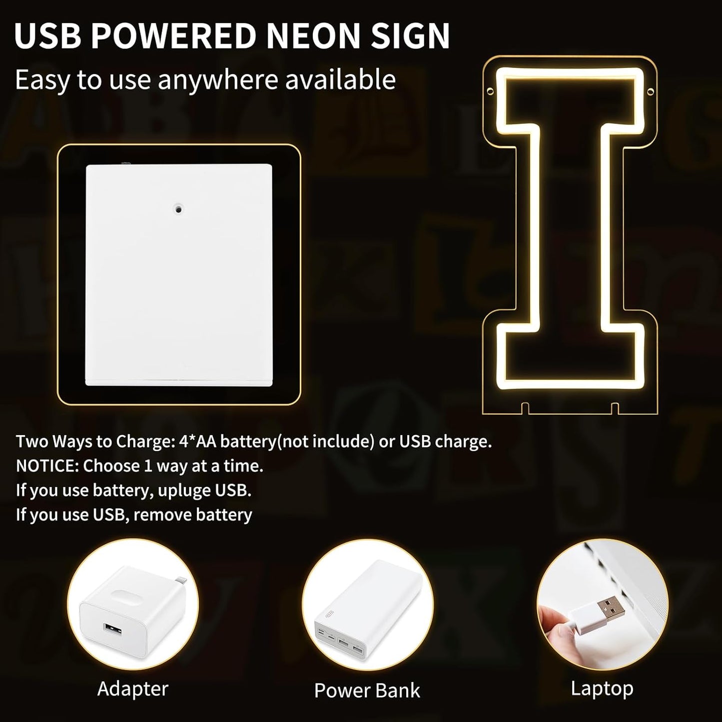 Light Up Letters I, Led Marquee Letter Lights Neon Sign, 13.9" Height Decorative Lighted Alphabet Number, Battery/USB Powered Led Letters Lights for Wedding, Birthday, Party, Christmas or Home Decor