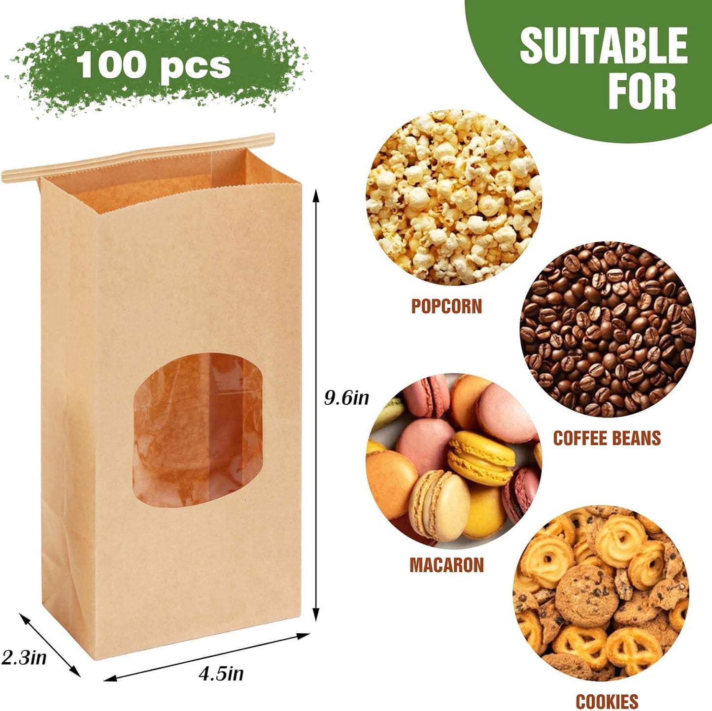 Moretoes 100pcs Medium Bakery Cookie Bags with Window, 4.5x2.36x9.6in Tin Tie Tab Kraft Paper Bags for Cookie Coffee Bread Bakery Packing