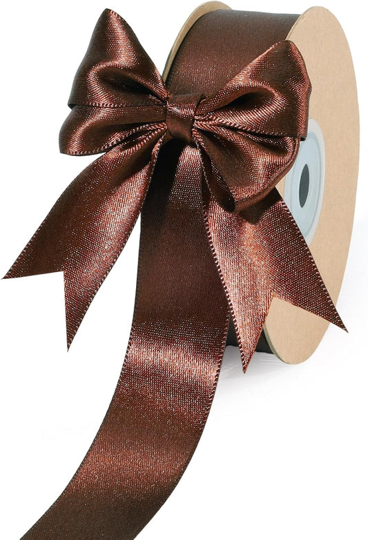 LaRibbons Brown Satin Ribbon 1 Inch 50 Yards Luxury Double Faced Firar Brown Silk Ribbon for Flower Bouquet Crafts Gift Wrapping Wedding Christmas Decoration