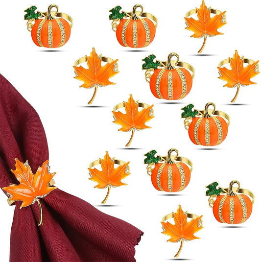 KPOSIYA 24 Pcs Fall and Christmas Napkin Set - 12 Thanksgiving Rings and 12 Cloth Napkins - Maple Leaf and Halloween Pumpkin Holders for Table Decorations
