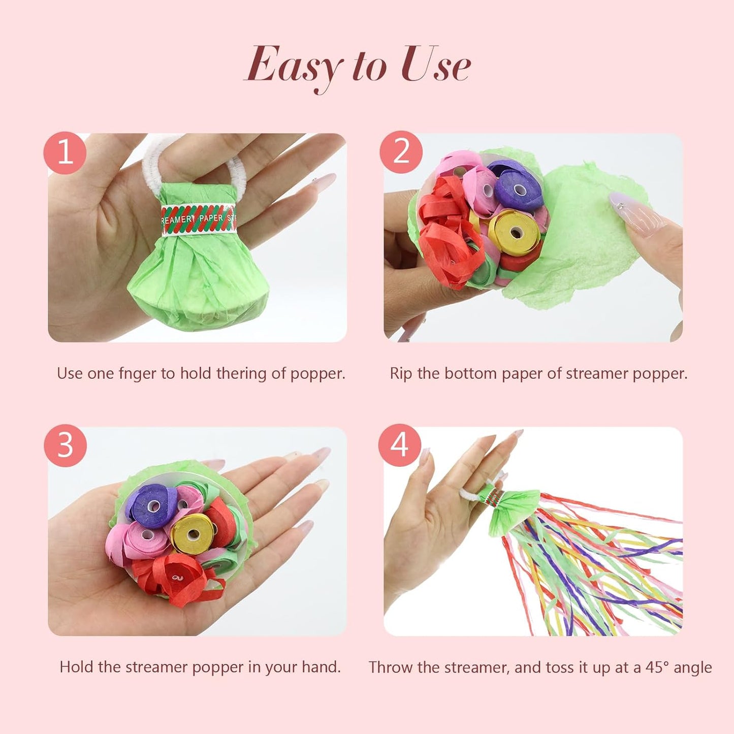 180 Pcs Hand Thrown Streamer Poppers Colorful, Confetti Streamers No Mess Paper Crackers Party Poppers for Birthday,Wedding,Celebrations,Graduation Party