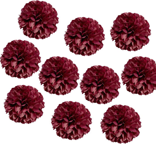 10pcs 10in Paper Pom Poms Burgundy Tissue Paper Balls Wedding Party Flower Decorations DIY Art Craft Blooms for Birthday Baby Shower Nursery Decor
