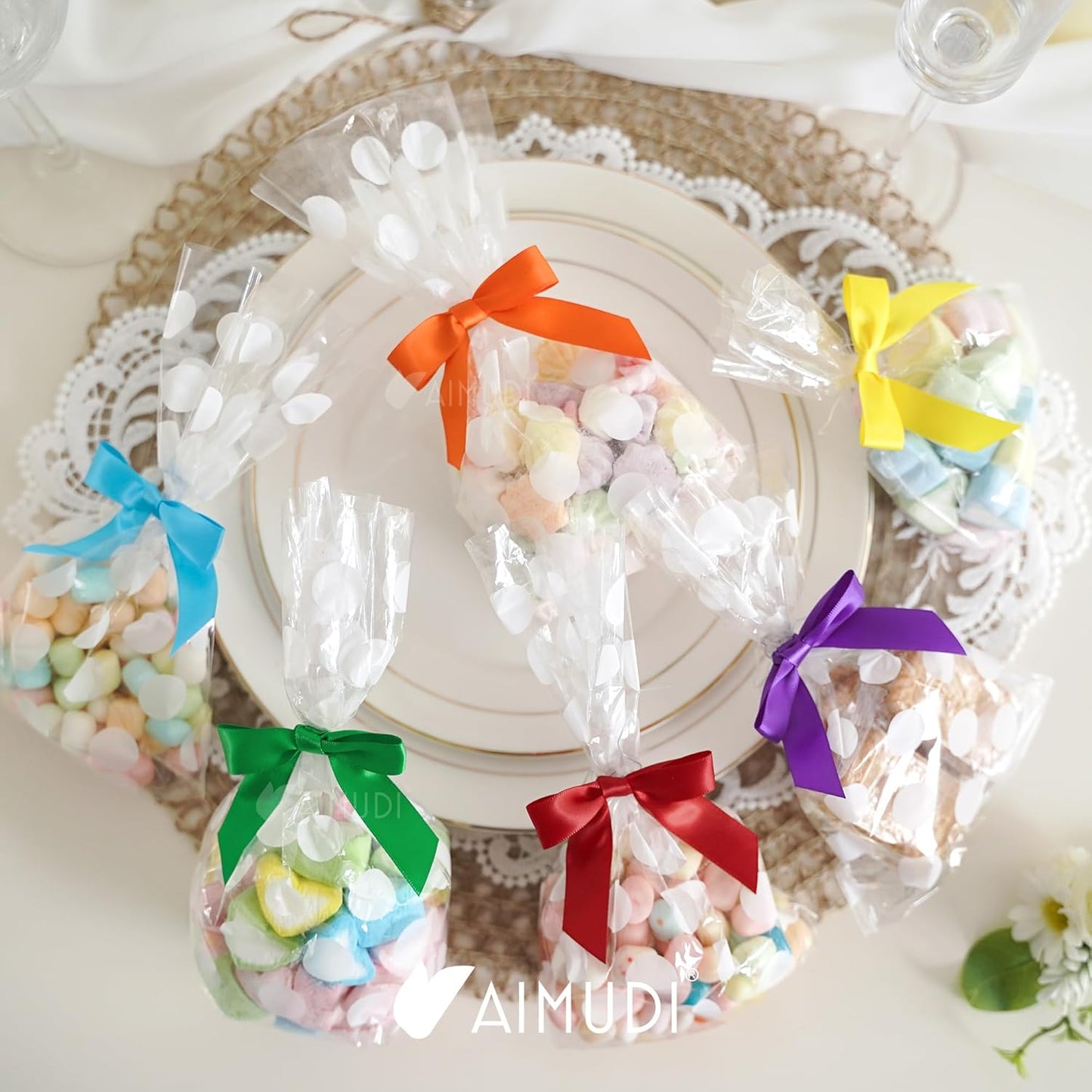 AIMUDI Rainbow Ribbon Bows 2.5" Satin Twist Tie Bows for Gift Wrapping Premade Satin Bows for Making Crafts Treat Bag Baby Shower Birthday Wedding LGBT Party Decoration, 60 PCs