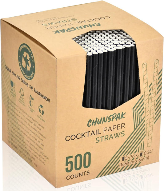 [500 Bulk] 5.75 inch Black Short Paper Straws, Stir Straws for Cocktail, Coffee, Mixed Drinks - Home, Bar and Restaurant Straws - 100% Biodegradable