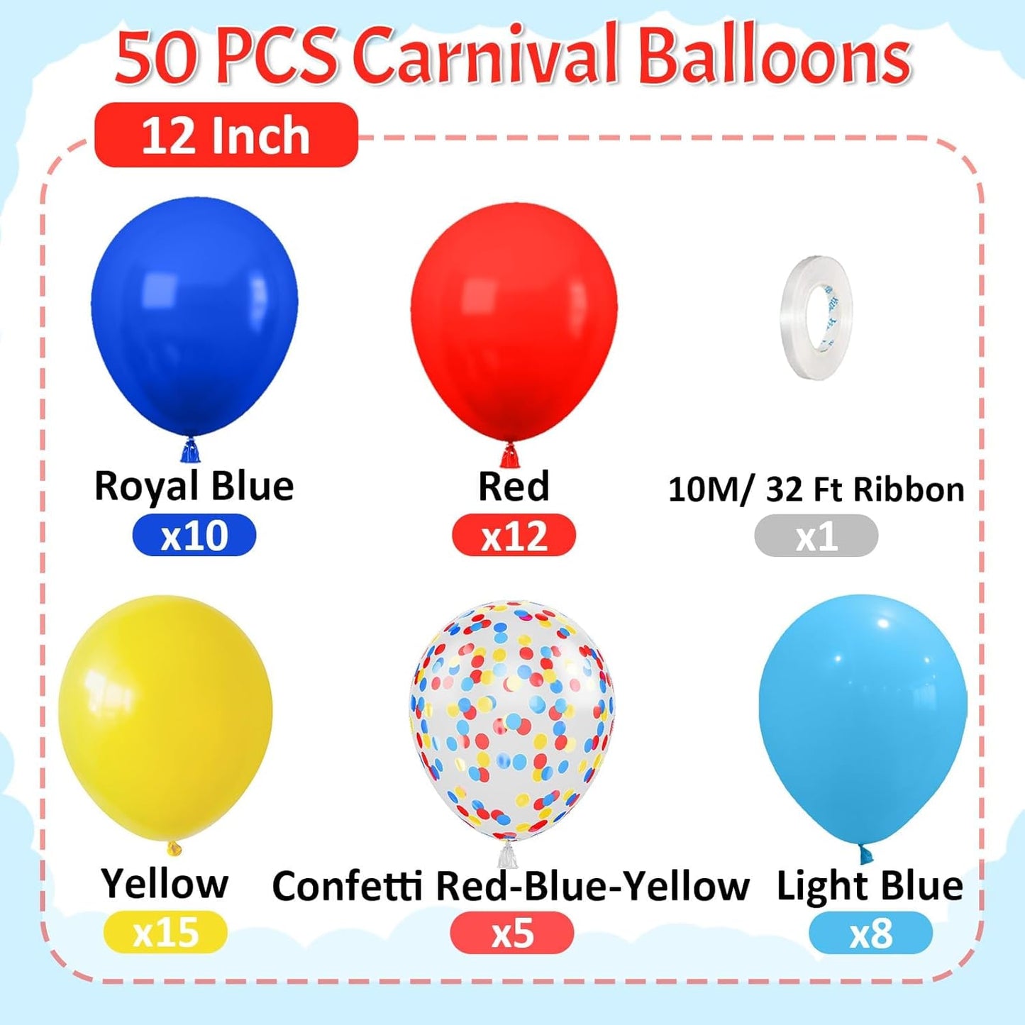 Red Yellow Blue Balloons, 50 Pcs Carnival Circus Party Balloons, 12 Inch Royal Light Blue mattee Red Yellow Confetti Balloons Helium for Kids Baby Shower Birthday Circus Theme Party Decorations