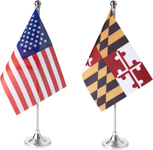 ZXvZYT 2 Pack American US Maryland flag USA Maryland MD State table flag,Small Mini United States Desk Flags With Stand Base,for U.S. States Party Events Celebration Decorations Supplies
