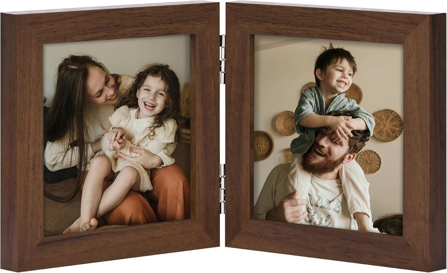 decorUhome Double 4x4 Picture Frame Vertical, Engineered Wood Bifold Photo Frame with Plexiglass for Tabletop Display, 4x4, Brown