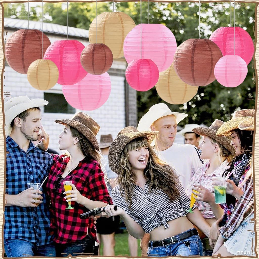 Pink Brown Paper Lanterns Decorative 12pcs Party Hanging Decorations for Western Cowgirl Party Birthday Retro Rodeo Party Supplies for Girls Baby Shower Western Room Decor