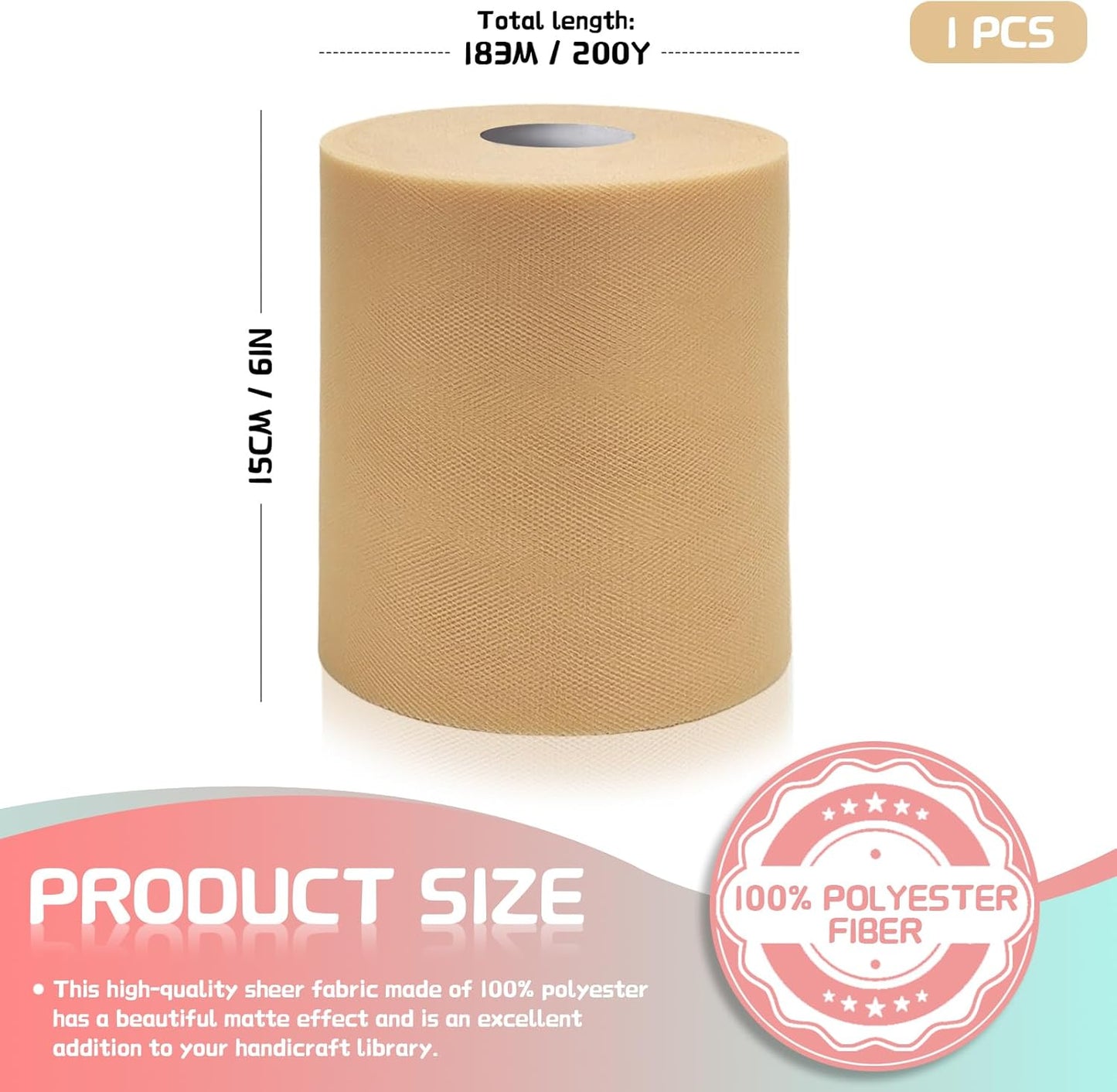 6" x 200 Yards Beige Tulle Fabric Rolls, Beige Spool Tulle Ribbon for DIY Tutu Skirt Wedding Decoration Baby Shower Birthday Party Backdrop Gift Wrapping Bow Craft Supplies