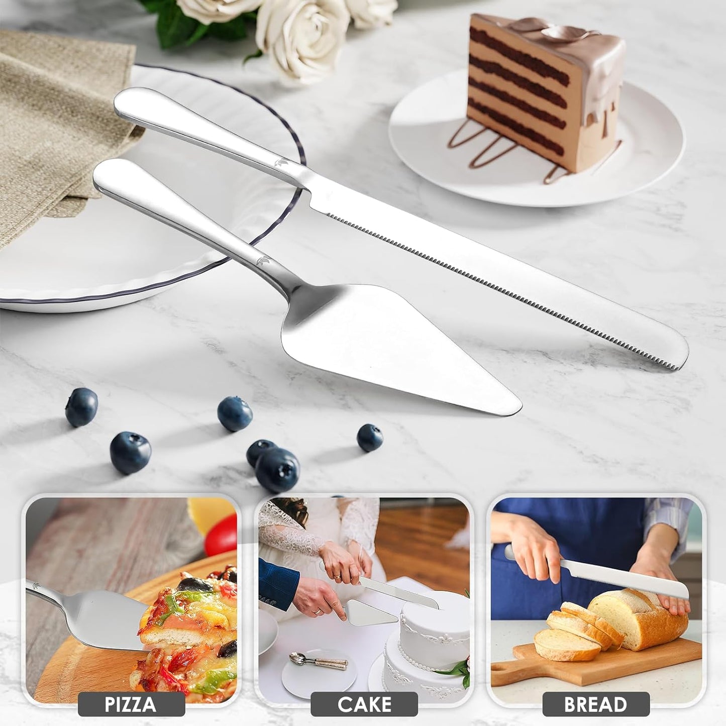 Cake Cutting Set for Wedding - Extended Cake Knife And Server Set Thickened Stainless Steel Cake Cutter and Pie Spatula Great for Birthday Anniversary Christmas Gift Silver 2 Pcs