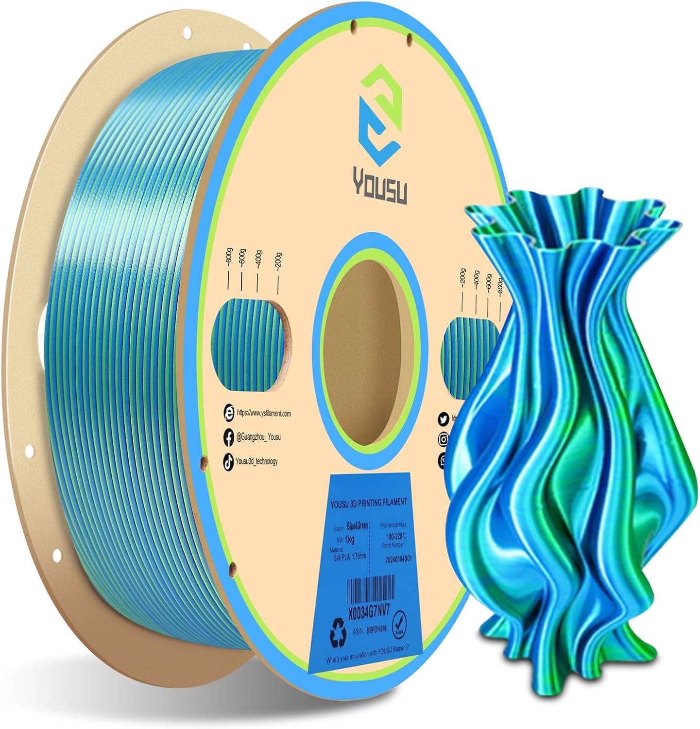YOUSU Silk PLA Filament 1.75mm, 3D Printer Filament Coextrusion Filament Dual Color, Compatible with Most of 3D Printer, Silk Blue Green 1kg(2.2lbs).