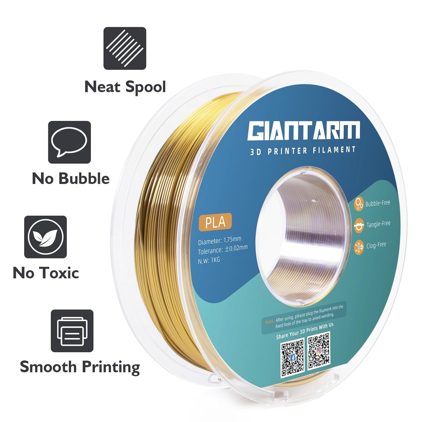 GIANTARM Dual Color PLA Filament, Silk PLA Filament 1.75mm +/-0.02mm,1KG Spool(2.2lbs) Vacuum Packaging, 3D Printing Filaments Fit Most FDM Printer