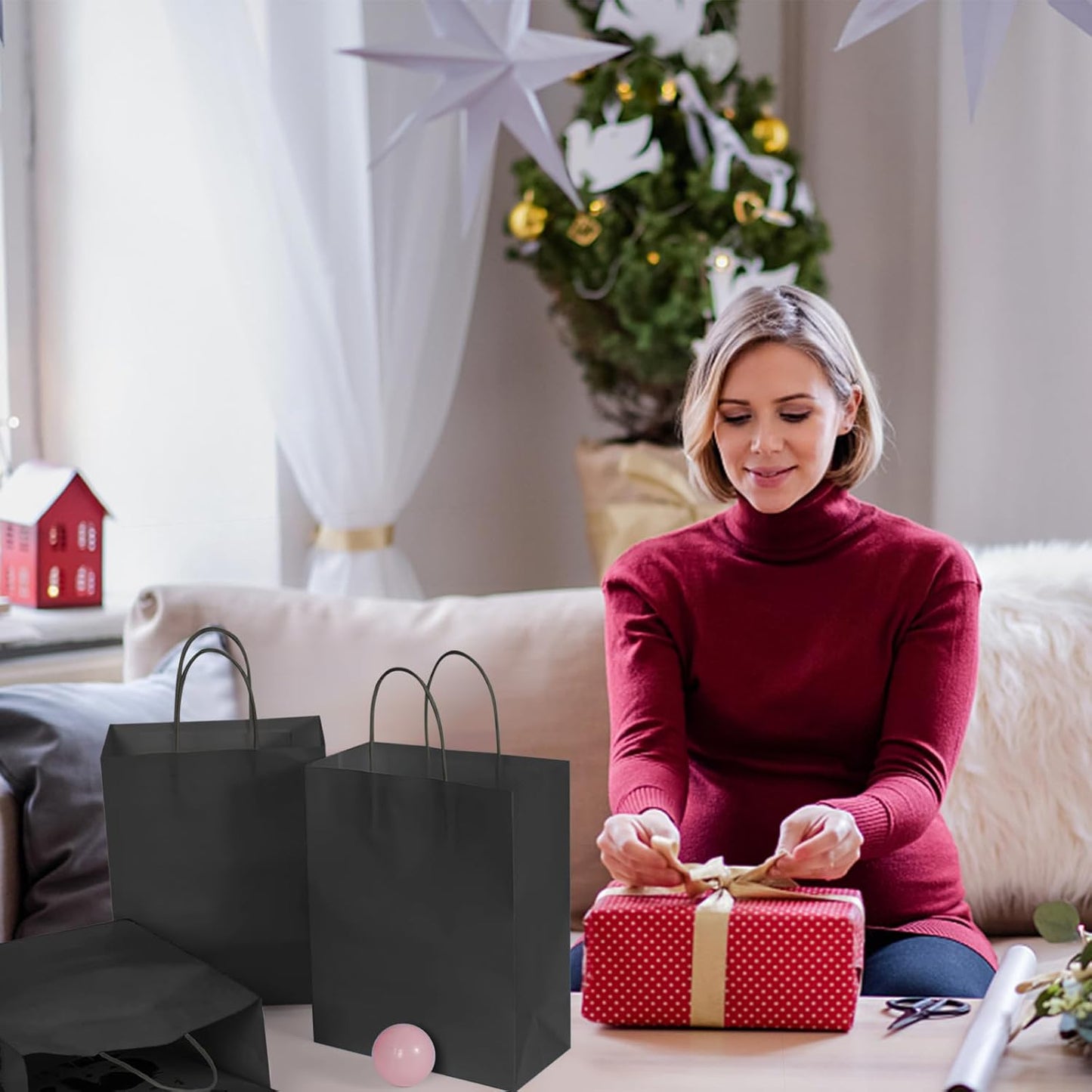 40 PCS Black Paper Bags With Handles 8.3x5.9x3.2 Inch Bulk Gift Bags For Birthdays,Weddings,Baby Showers,Party Favor,Goodie Bags,Retail bag(Small,Black)