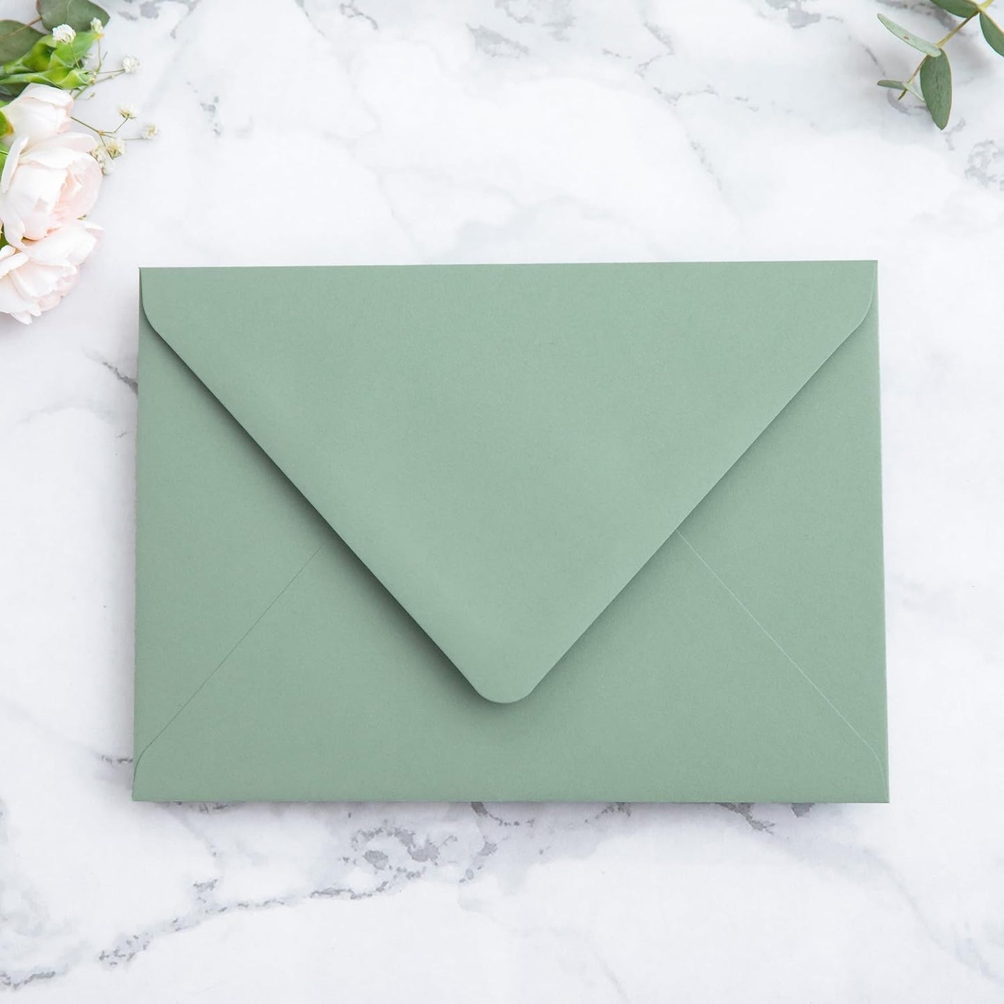 PONATIA 50PCS A7 Euro Flap Envelope, 5.25 x 7.25'' Sage Green Flowers Liner Envelopes for Wedding Invitations, Photos, Postcards, Greeting Cards, Christmas Gift, Acrylic Mailing