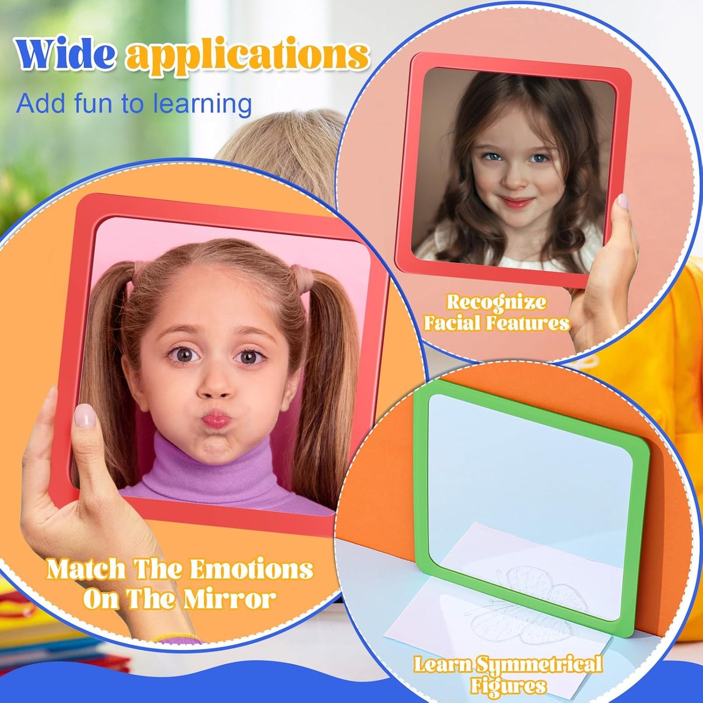 Dandat 30 Pcs Small Mirrors for Kids 6 x 6 Inch Square Shatter Proof Reflector Toddler Glass Plastic Reflector for Classroom DIY Craft Preschool Facial Expression (Fulgent Colors)