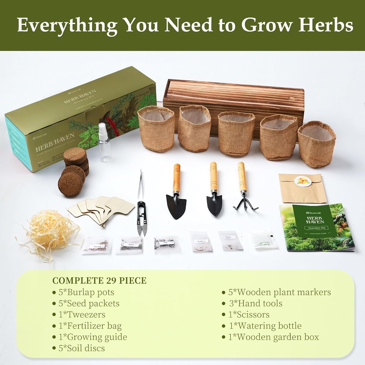 5 Herb Garden Planter Indoor with Wooden Box, Home Kitchen Seed Starter Kit Including Basil, Thyme, Parsley, Rosemary, Mint, Birthday, Mothers Day, House Warming, Gardening Gifts for Women, Mom