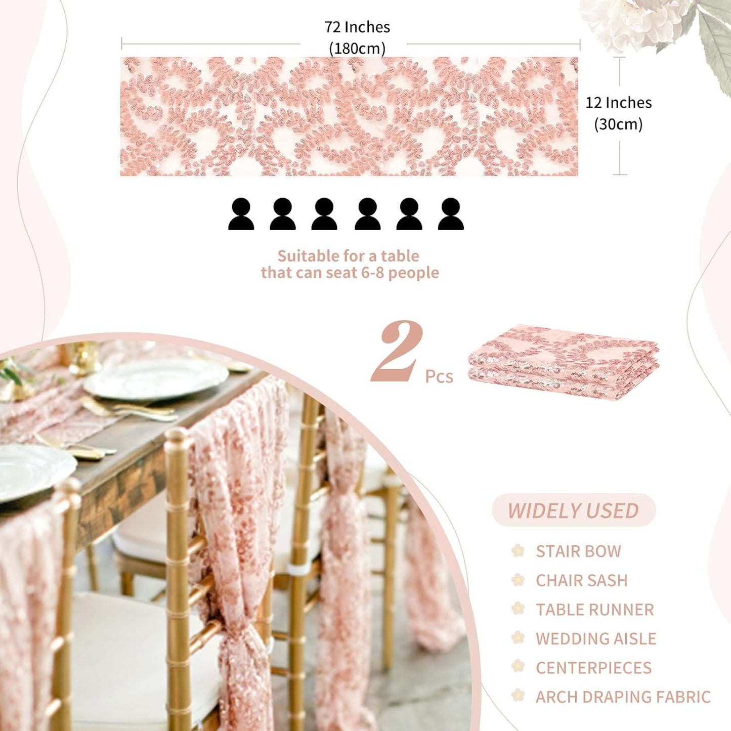 Sequin Table Runners 2 Pieces Rose Gold Flower Table Runners 12x72 Inch Glitter Dining Table Cover for Party Wedding Birthday Reception Banquet Decoration Spring Party Chair Sashes
