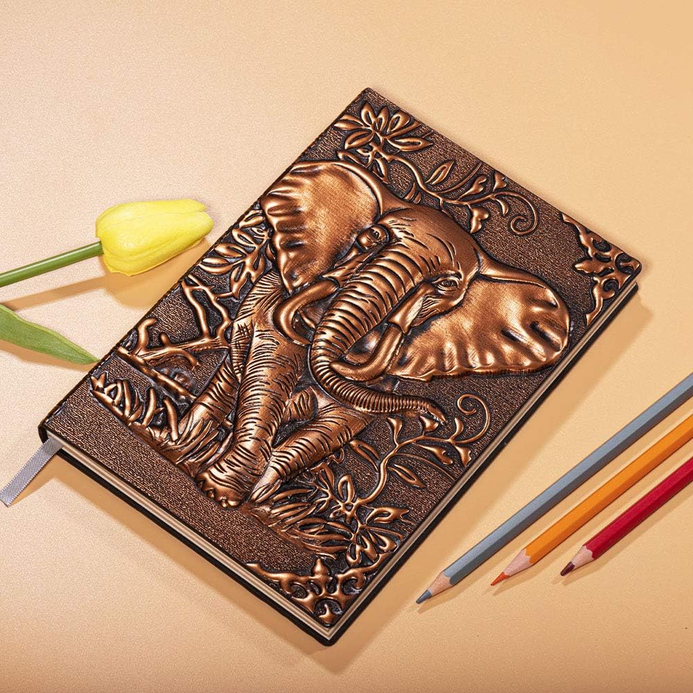 molshine A5 (5.5" x 8.3") Embossed Journals Vintage Notebook,Retro Bronze Diary,100 Sheets Paper,Hardcover Travel Notepad for Writing,Sketchbook,Gift,Decoration,Elephant(RedBronze)