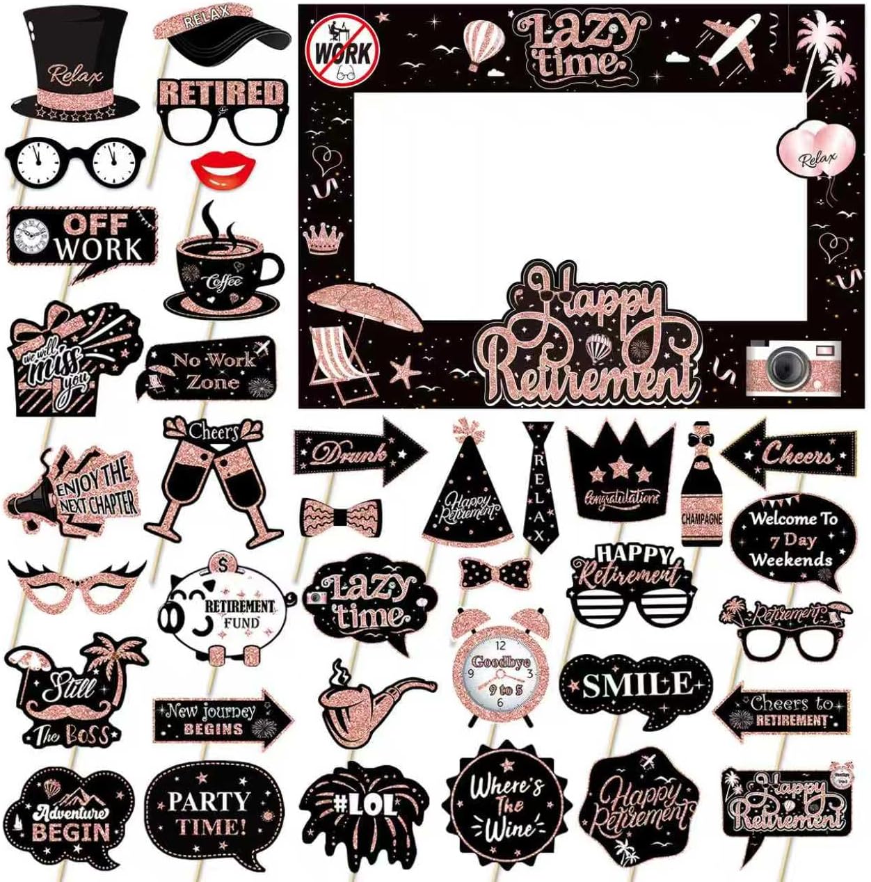 Retirement Party Photo Booth Props Kit - 27pcs Paper Photo Props 1 Frame Glitter Retirement Party Decorations for Retiree Celebration, Farewell Office Party Supplies (Rose Golden and Black)