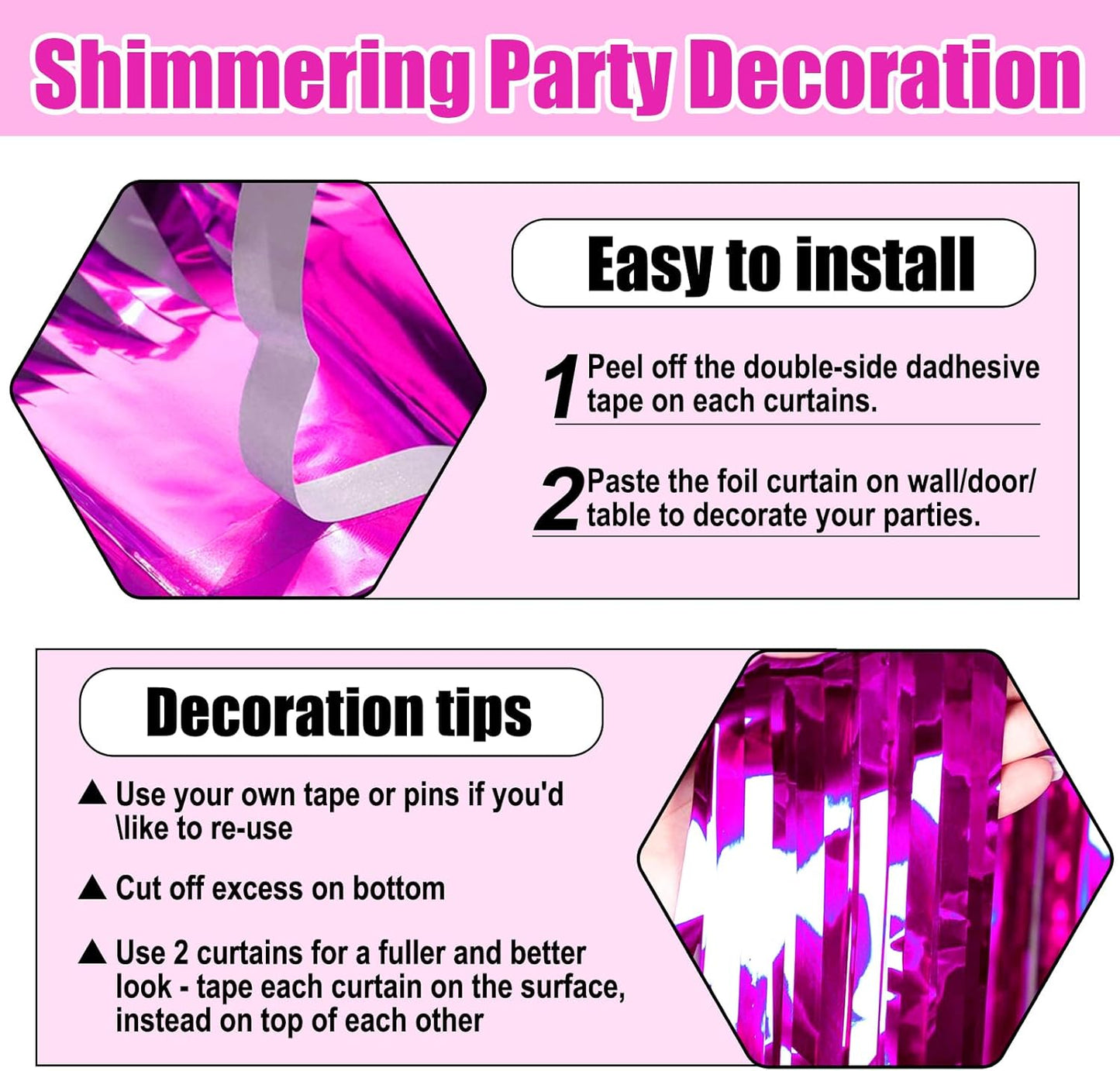 3 Pack Rose Red Foil Fringe Curtain Backdrop, 3.28Ft x 8.2Ft Metallic Tinsel Foil Fringe Streamer Curtains for Photo Booth, Christmas Day, Thanksgiving, Wedding, New Year Party Decorations