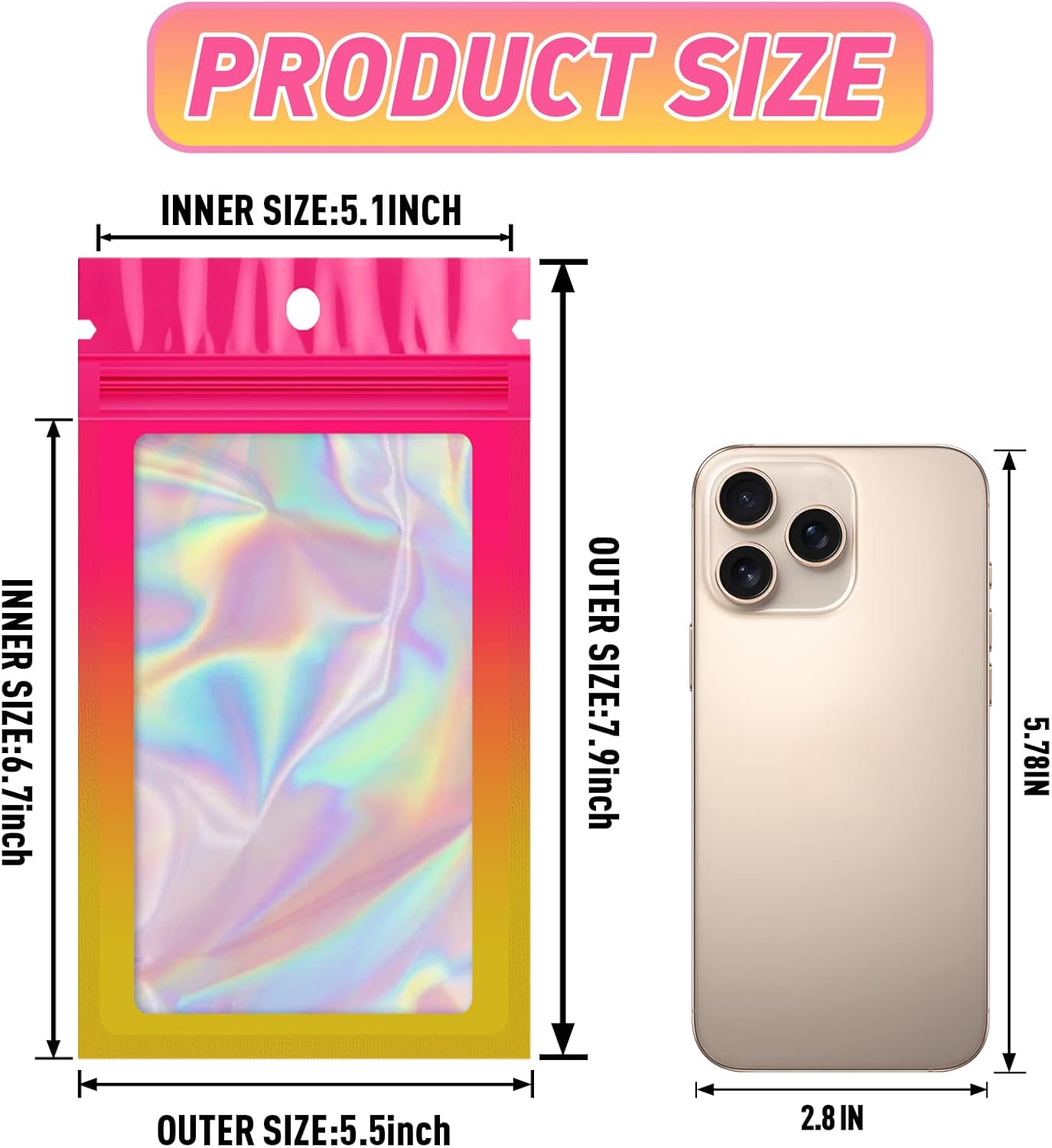Funfery 100 Pack Gradient Holographic Bags,Mylar Resealable Bags with Zipper,Clear Window Packaging Pouchs,Foil Smell Proof Bag for Food Storage,Sample Jewelry Bag(5.5x7.9In,Hot Pink Orange)