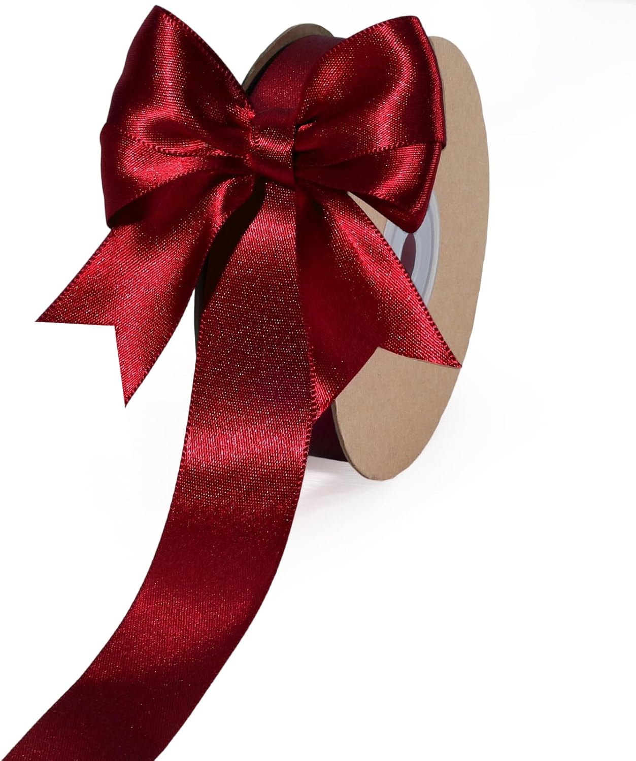 LaRibbons Burgundy Satin Ribbon 1 Inch 25 Yards Luxury Double Faced Dark Red Silk Ribbon for Flower Bouquet Crafts Gift Wrapping Wedding Party Christmas Decoration