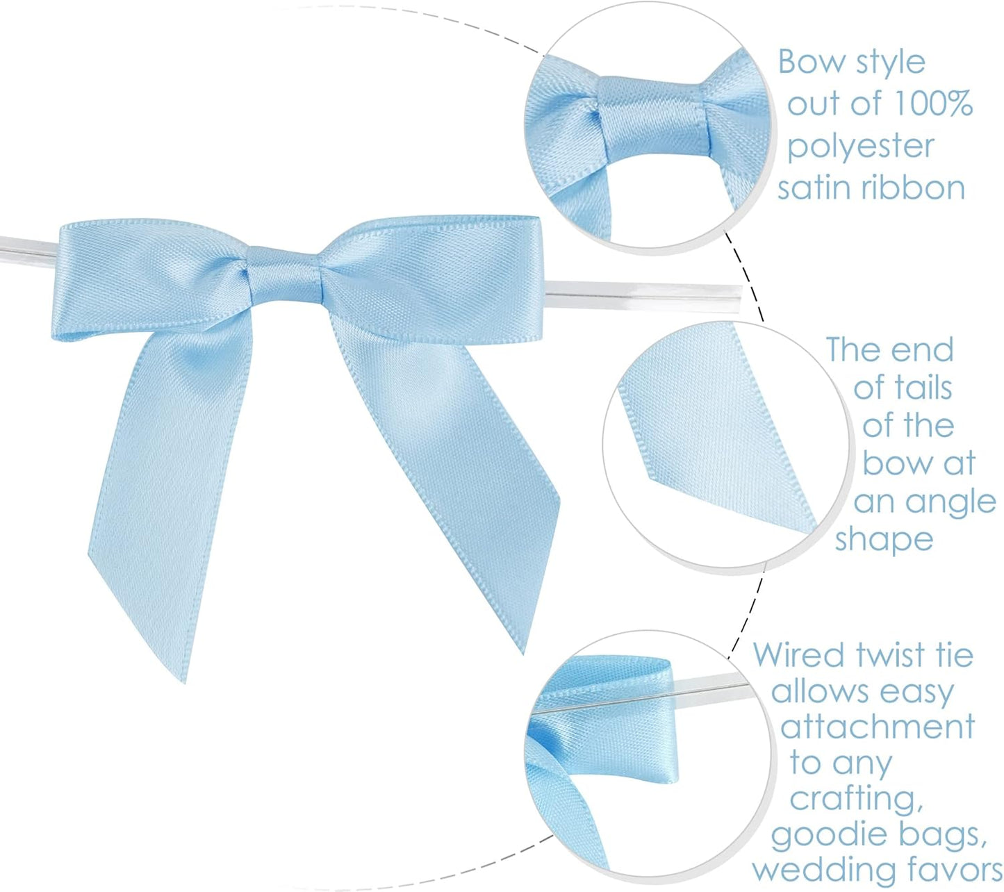 AIMUDI Light Blue Satin Ribbon Twist Tie Bows 2.5" Pretied Blue Bows for Baby Shower Premade Baby Blue Bows for Crafts Treat Bags Cake Pop Gift Wrapping Wedding Party Favors Goodie Bags - 50 Counts