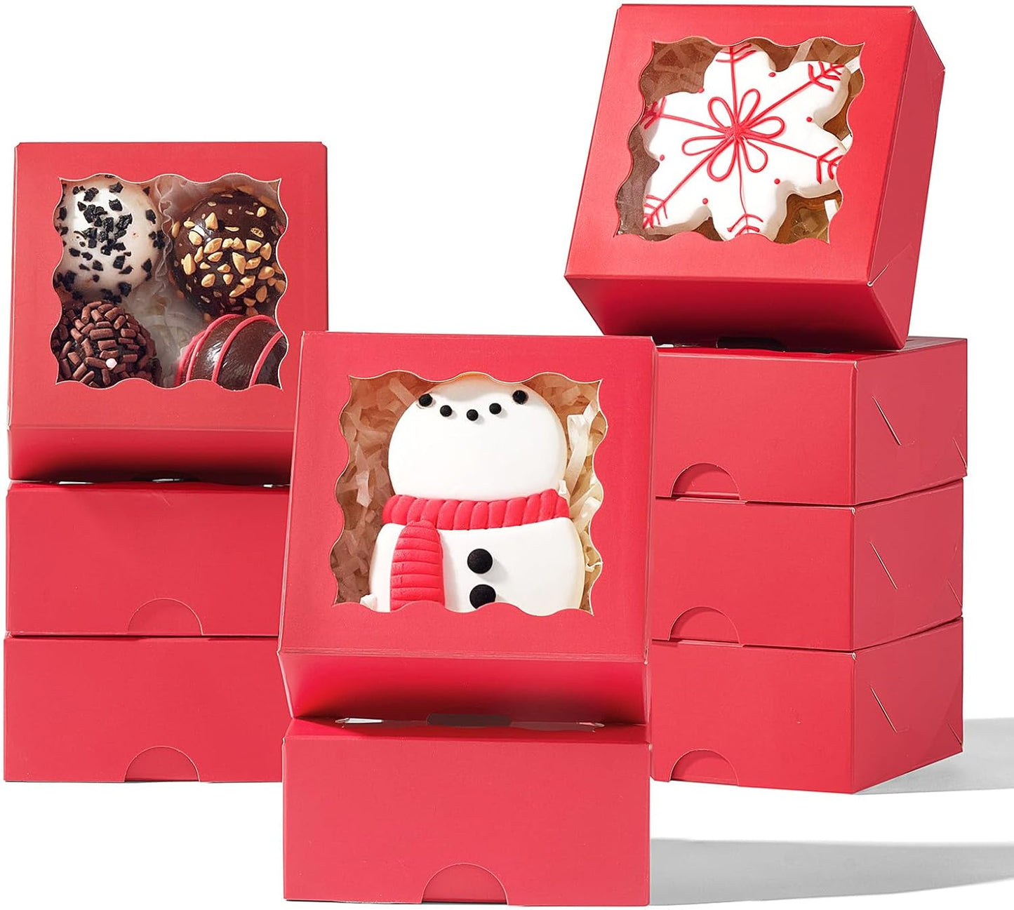 RomanticBaking 3 ¼" x 3 ¼" x 1 ½" 50PCS Chocolate Truffle Boxes for 4，Cookies Boxes Soap Boxes Donut Boxes Macaron Boxes Mini Bakery Boxes with Window Brownie Box