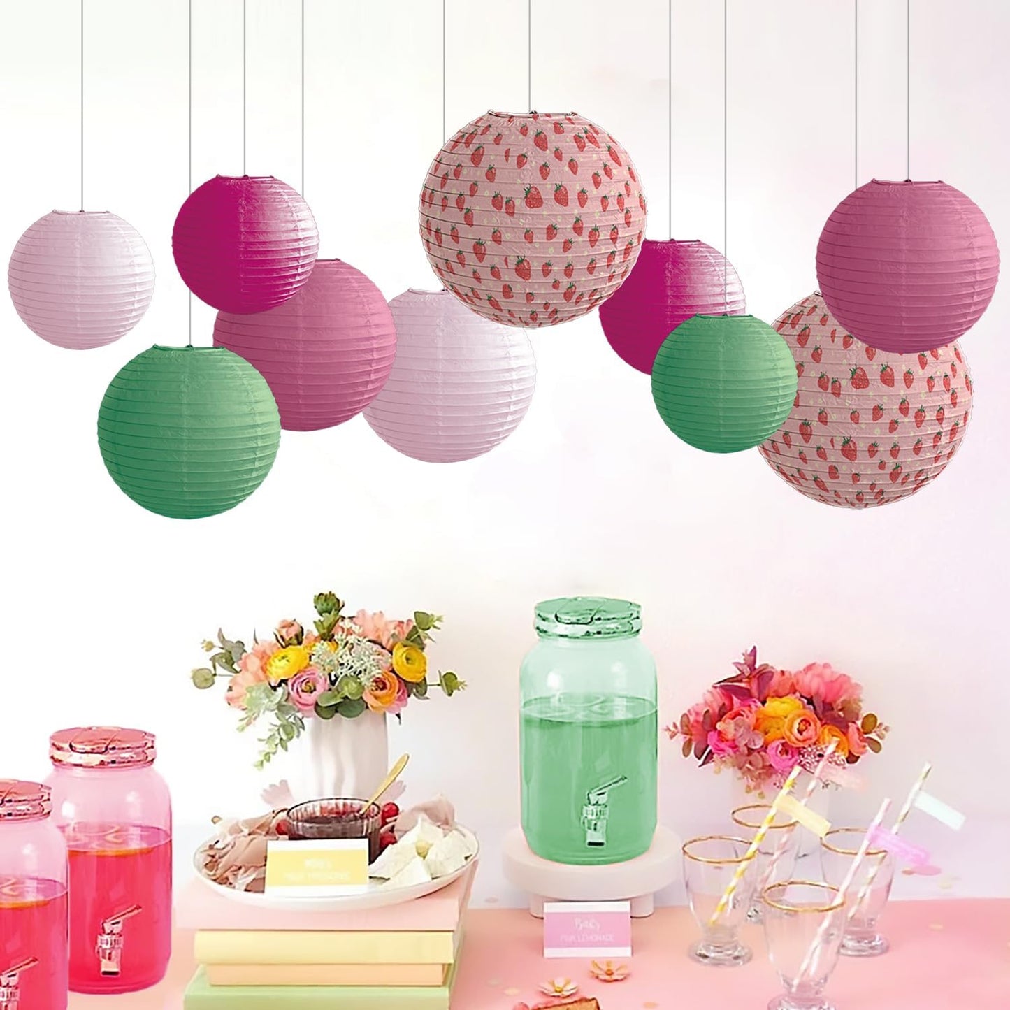 Paper Lanterns Pink Strawberry Girls Party Decor Hanging Chinese Lantern 12+10+8 inch Bohemian Decorations Baby Shower Ceilling Decor and Party Gift
