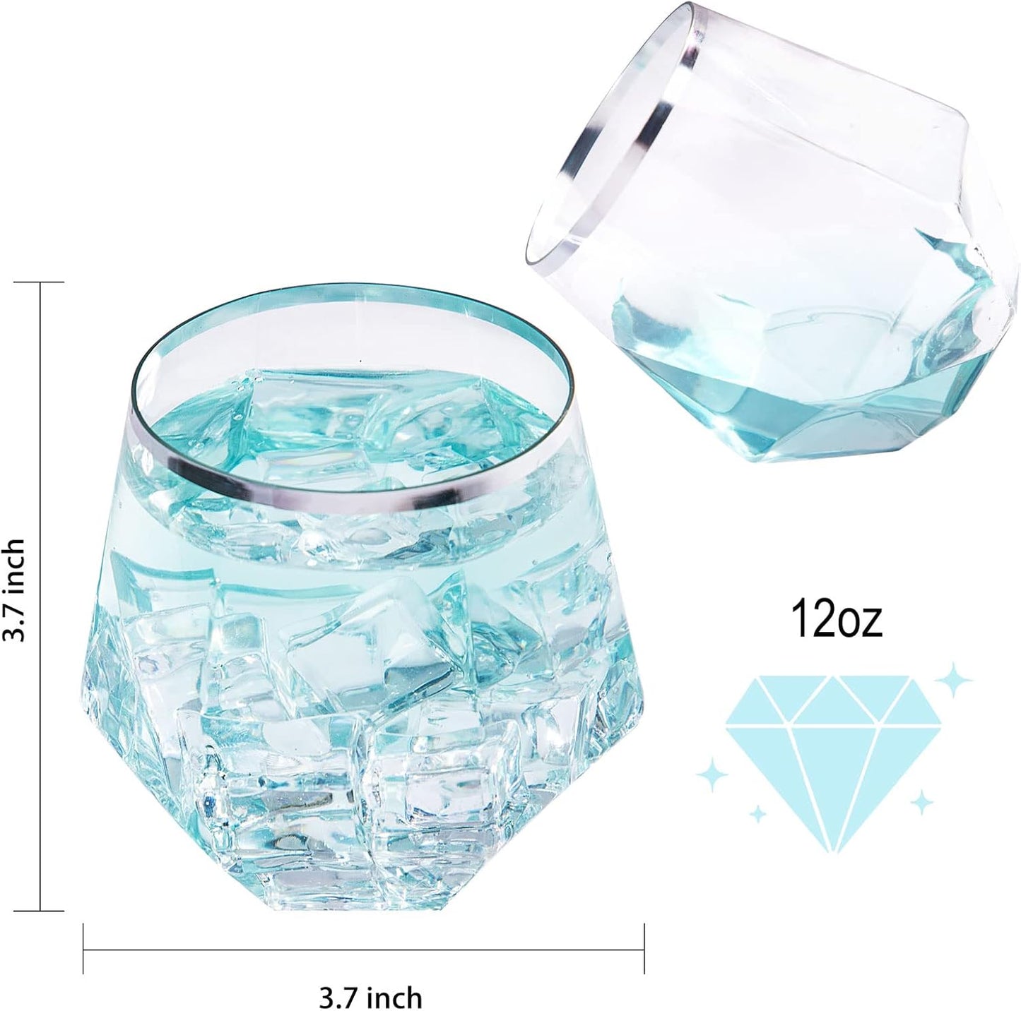 LUODA Silver Diamond Shaped Plastic Stemless Wine Glasses Set of 24, Disposable 12 Oz Silver Plastic Whiskey Glasses for Birthday, Housewarming and Wedding
