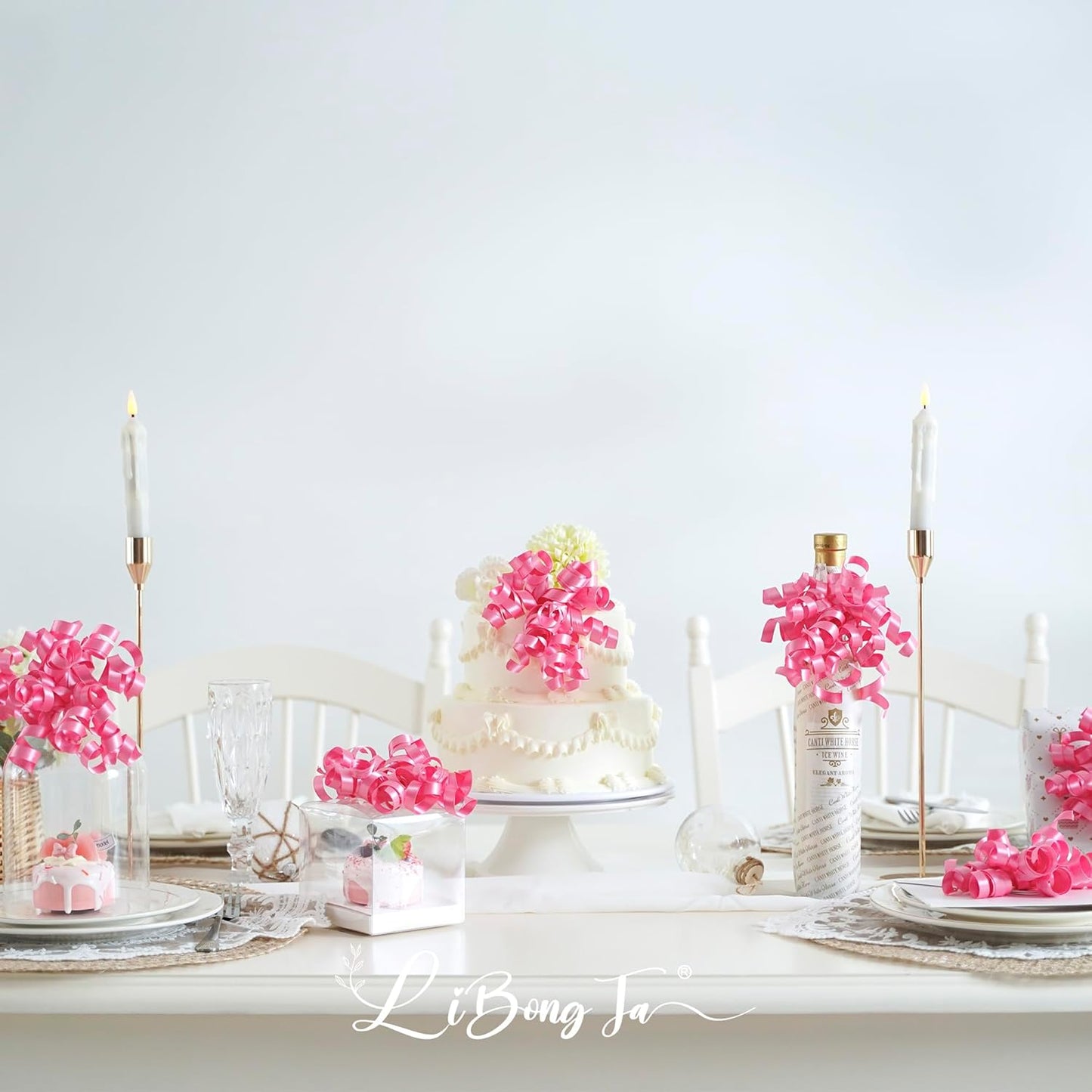 5'' Hot Pink Gift Bow Curly Ribbon Bows Set of 8, Double Faced Satin Ribbon Bow Premade Self Adhesive Bow Decorations for Party, Wedding, Holiday, Gift Bows for Crafts, Wine Bottle, Presents