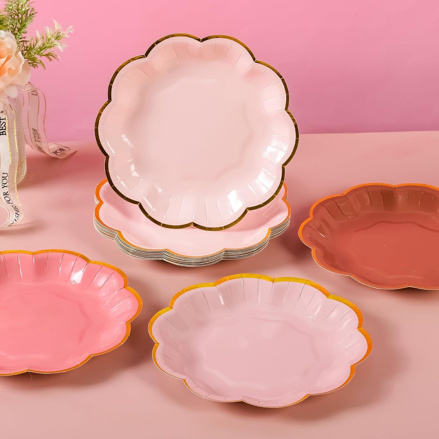 Dusty Pink Gradient Color Dessert Paper Plates 7 inch Gold Foil Scalloped Edge Disposable Cake Plates for Tea Party Birthday Bridal Baby Shower Wedding Party Supplies (24, Dusty Pink)