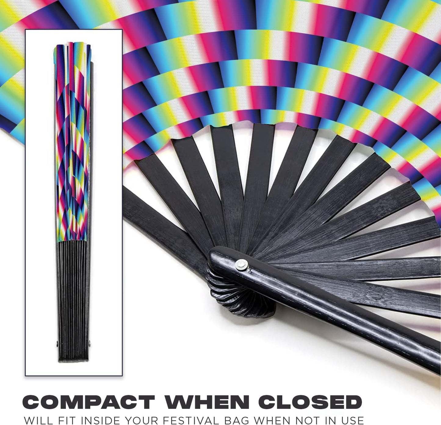 GloFX Folding Fan - Trippy - Large Rave Clack Folding Hand Fan for Men/Women - for EDM, Music Festival, Club, Event, Party, Dance, Performance, Decoration, Gift