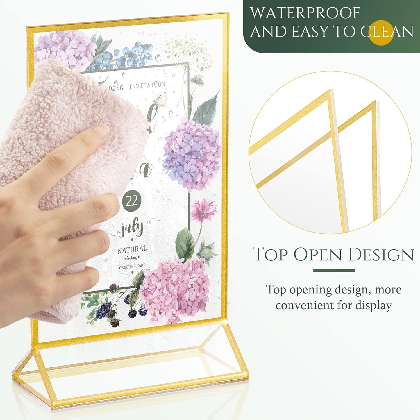 24 Pack Gold Picture Frames 5 x 7 Inch Clear Acrylic Sign Holders Double Sided Display Frames Bulk with Stand 2 mm Gold Border for Table Numbers Wedding Party (Vertical)