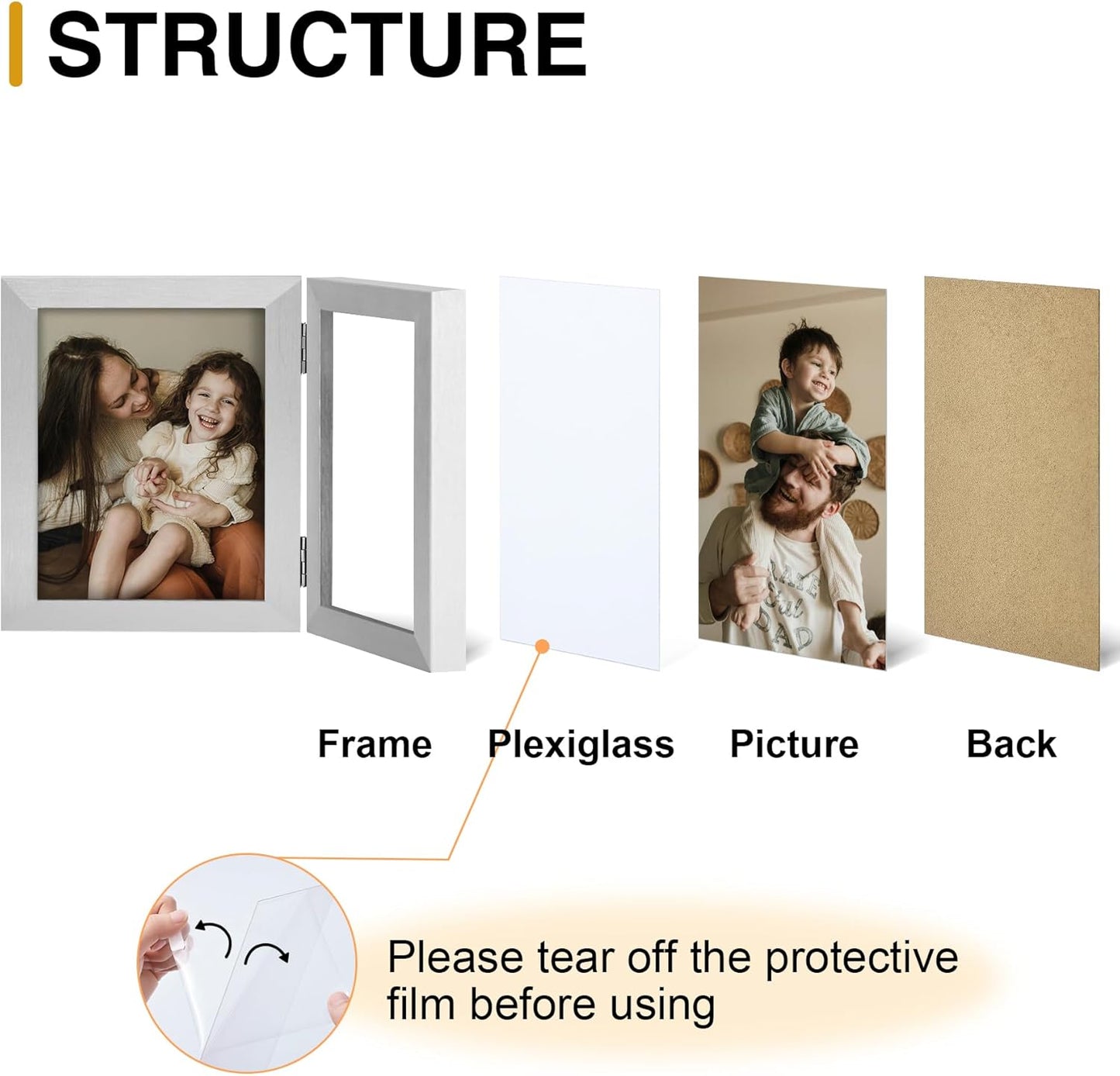 decorUhome Double 6x4 Picture Frame Horizontal, Engineered Wood Bifold Photo Frame with Plexiglass for Tabletop Display, 6x4, Silver