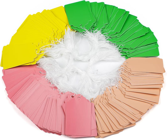 Uniclife 200 Pcs Price Tags with String Attached 1.8 Inch Writable Colored Hang Tag String Tags for Pricing Clothing Jewelry Price Display Labels Blank Merchandise Marking Paper Tag, 1.8" x 1.05"