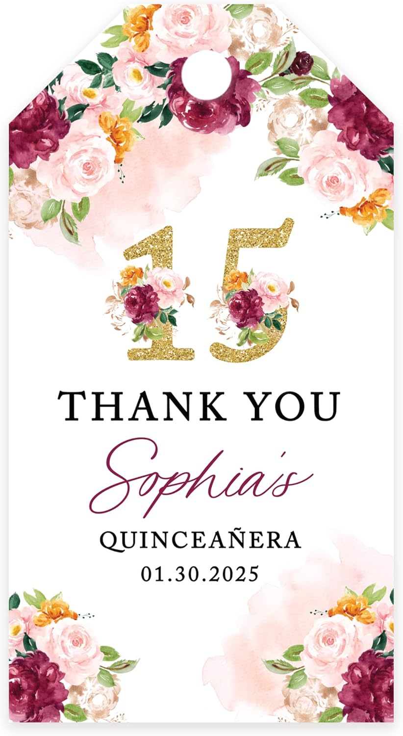 Andaz Press 40-Pack Personalized Quinceañera Favor Tags with String, Burgundy & Blush Florals Custom Classic Thank You Gift Tags for Mis Quince Años XV 15th Birthday Favor Gifts, Decorations