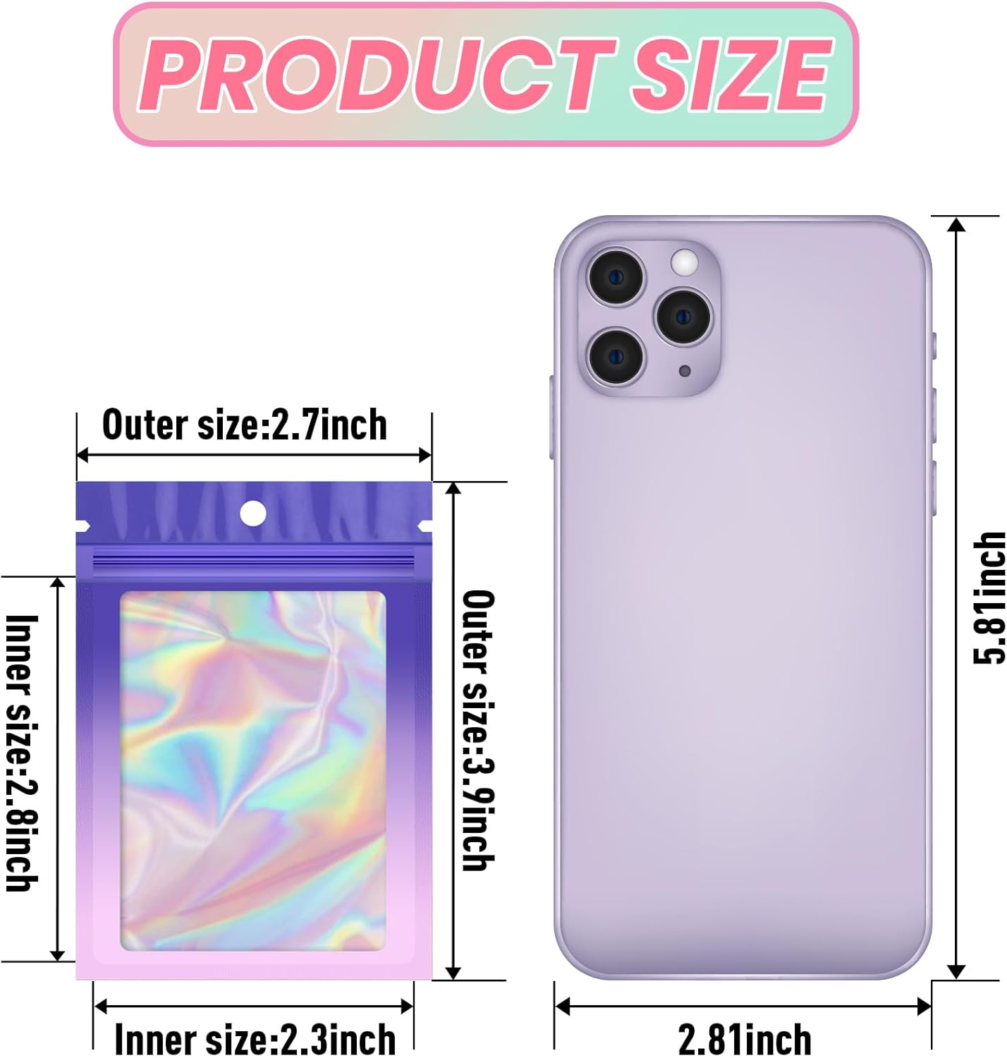 Funfery 100 Pack Gradient Holographic Bags,Mylar Resealable Bag with Zipper,Clear Window Packaging Pouch,Smell Proof Foil Bags for Food Storage,Sample Jewelry Baggies(2.7×3.9in,Purple Pink)