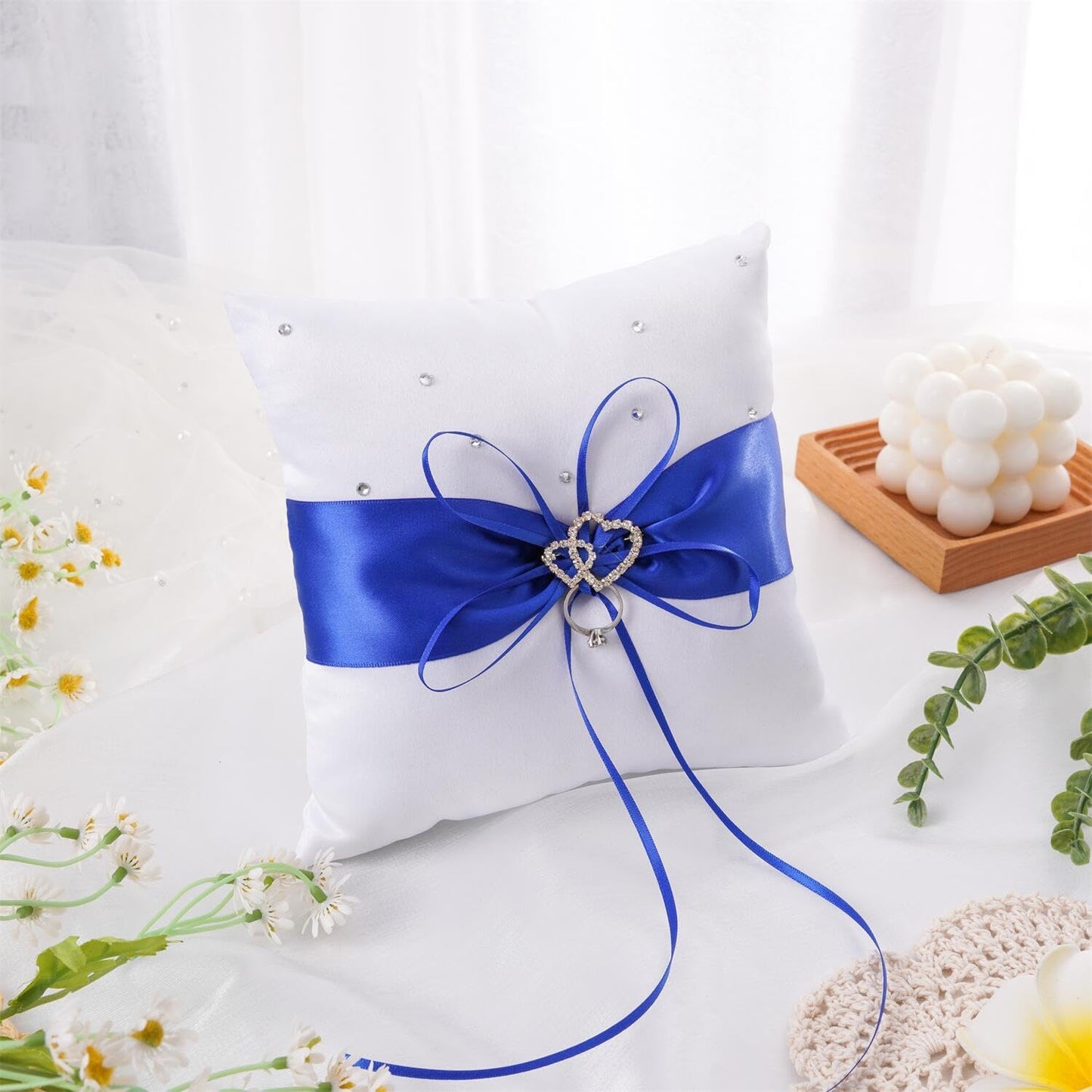 QIRMIZI Ring Pillow,Pearls Ring Cushion, Ring Bearer, Ring Holder for Beach Wedding, Wedding Ceremony, Proposal,Blue, White, R04 (Pack of 1)